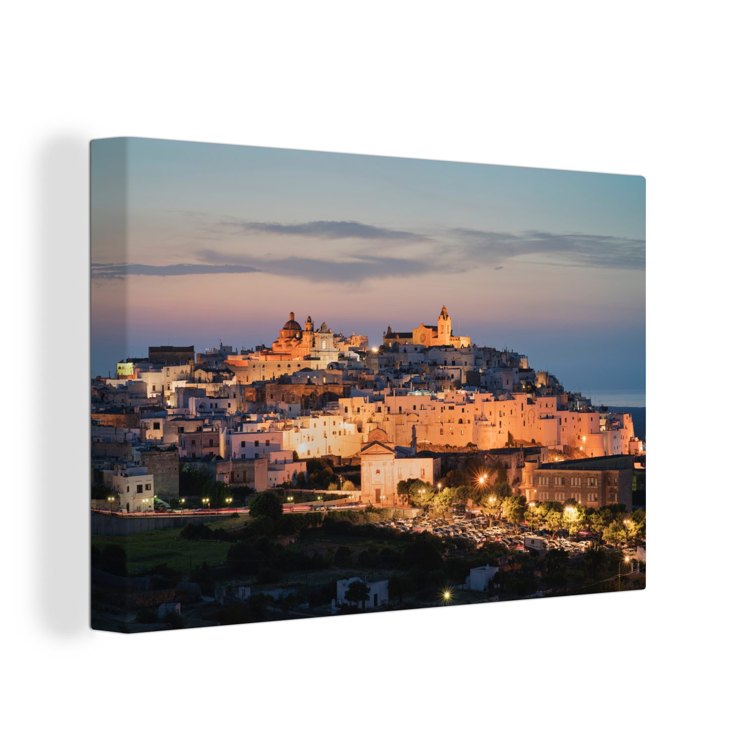OneMillionCanvasses® Leinwandbild Sonnenuntergang in der Stadt Ostuni, Italien, (1 St), Wandbild Leinwandbilder, Aufhängefertig, Wanddeko, 30x20 cm