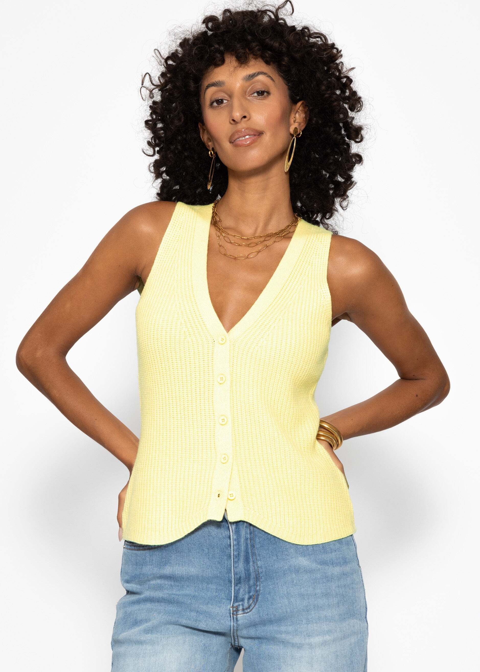 SASSYCLASSY Stricktop Strick-Top mit Knopfleiste für Damen Ärmelloses Top aus feiner Rippstruktur mit tiefem V-Ausschnitt