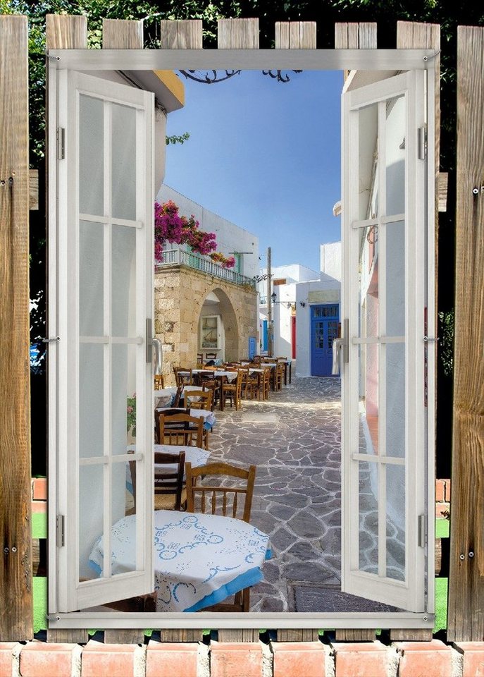 Thumbnail - Wallario Sichtschutzzaunmatten Gasse in Griechenland, mit Fenster-Illusion