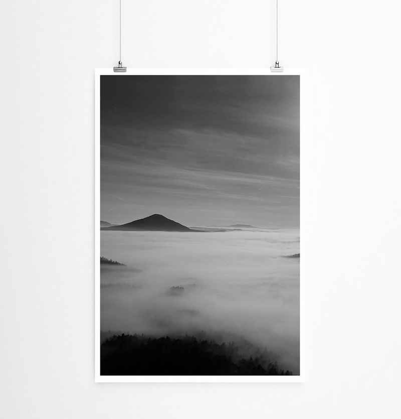Sinus Art Poster 90x60cm Poster Vollmond über dem Nebelgebirge schwarz weiß