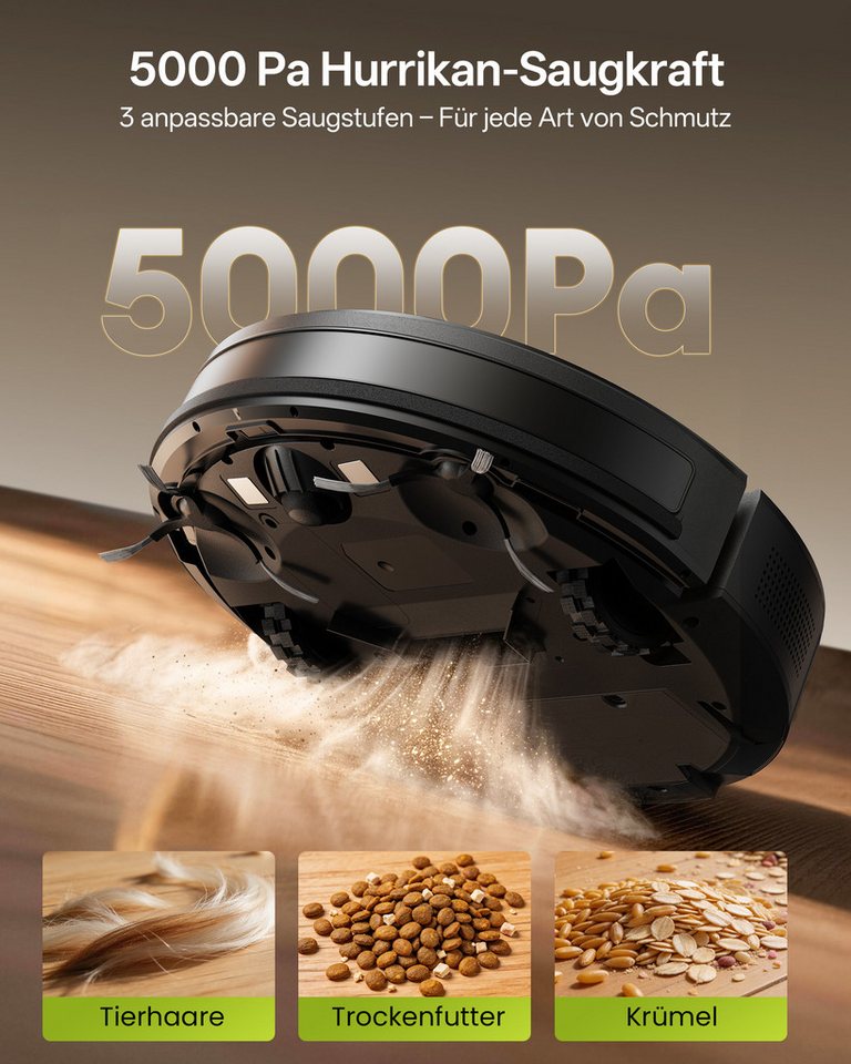 Vactidy Nass-Trocken-Saugroboter Vactidy W8 Saugroboter mit wischfunktion,3-in-1,Smarte Gyro-Navigation, beutellos, 5000Pa,150 min,Schlankes Design,Automatische Teppicherkennung