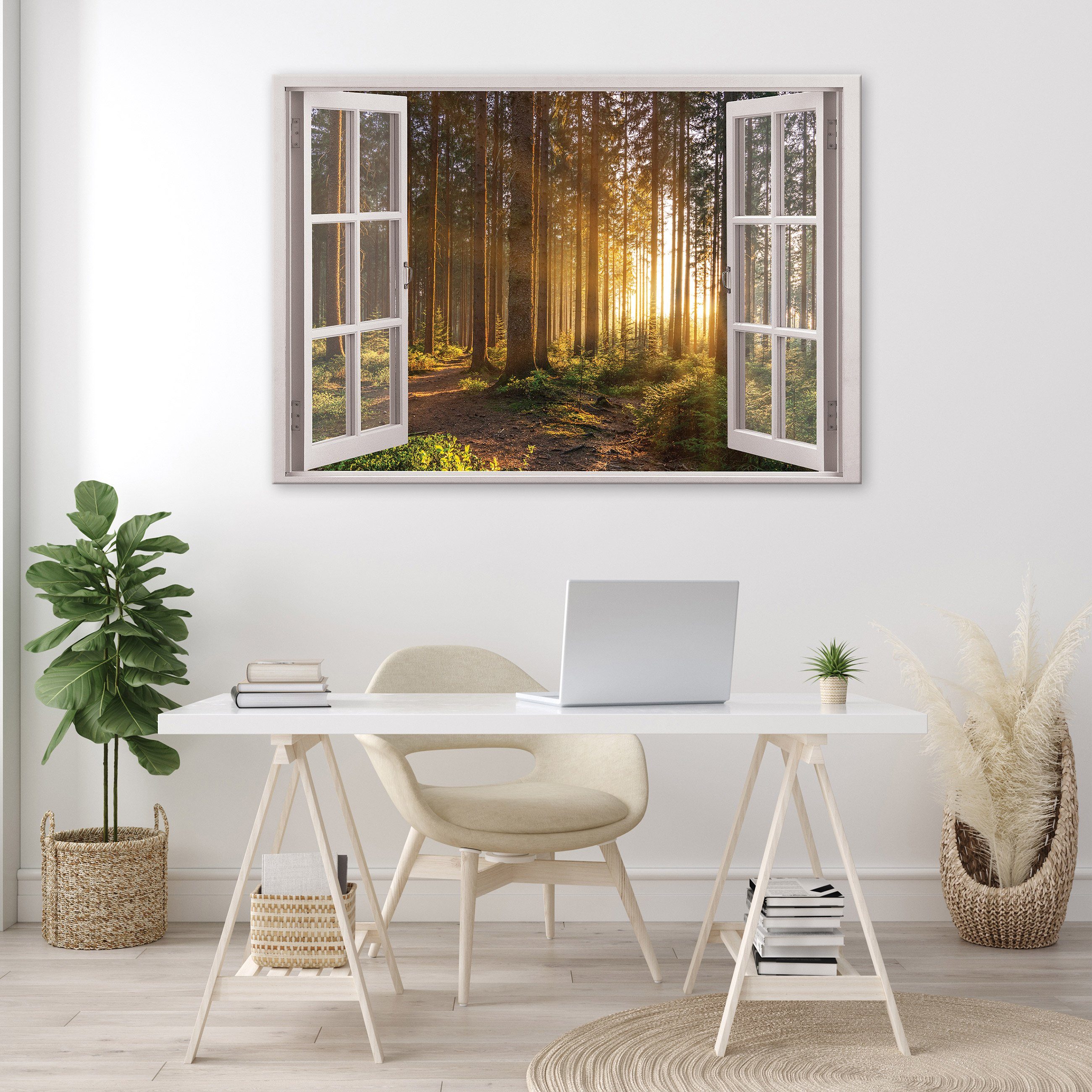 Groß (Einteilig), Wohnzimmer Bild Wandbild Wald Canvas Leinwandbild Wandbilder für Kunstdruck XXL Fensterblick Modern Aufhängefertig Sonne Fenster Natur Leinwand Auf Leinwandbilder Wallarena Schlafzimmer, Bilder