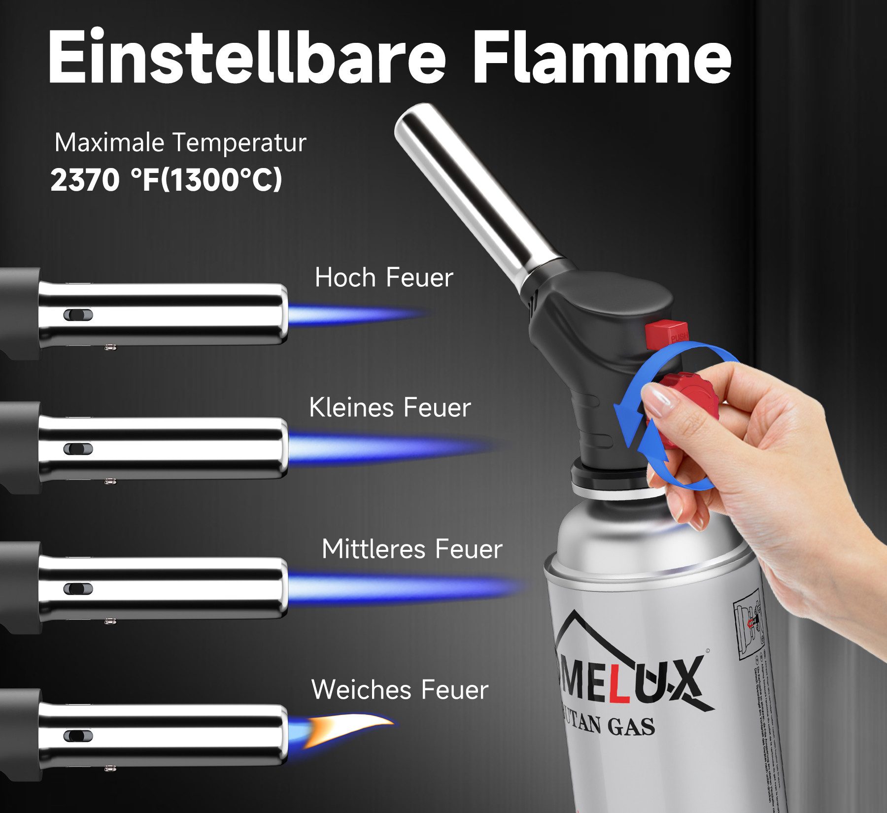 HOMELUX Flambierbrenner Gasbrenner, Küchenbrenner, Bunsenbrenner 1300°C Temperatur, (Brenner für BBQ, Kochen, Camping, Löten, 1-tlg), Stufenlose Flammenregulierung bis zu 1300℃