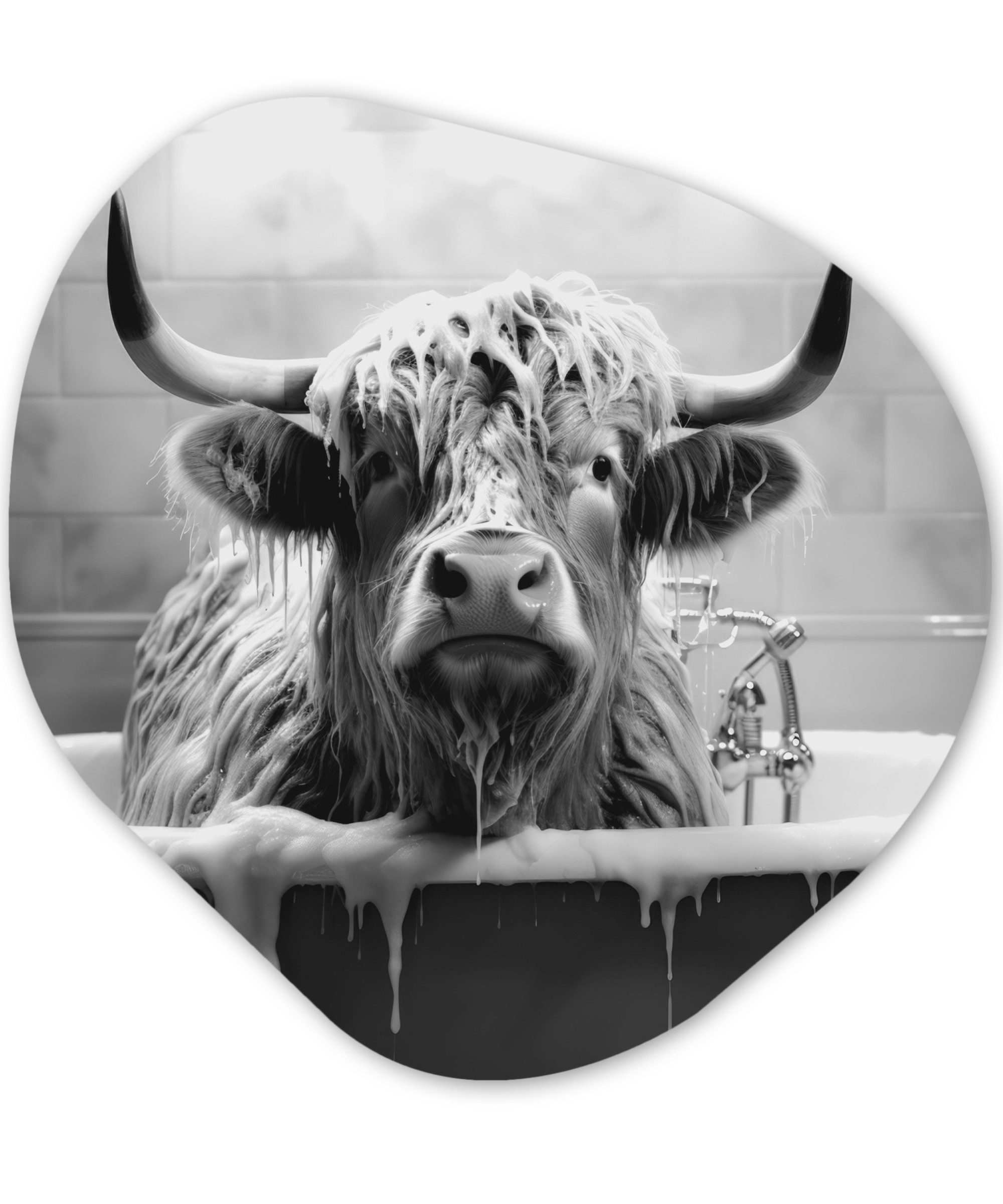 MuchoWow Gemälde Schottischer Highlander - Schwarz und Weiß - Bad - Schaumstoff, Fotodruck (1 St), Wandbild Abstrakt, Wohnzimmer Schlafzimmer Wanddekoration, 40x40 cm