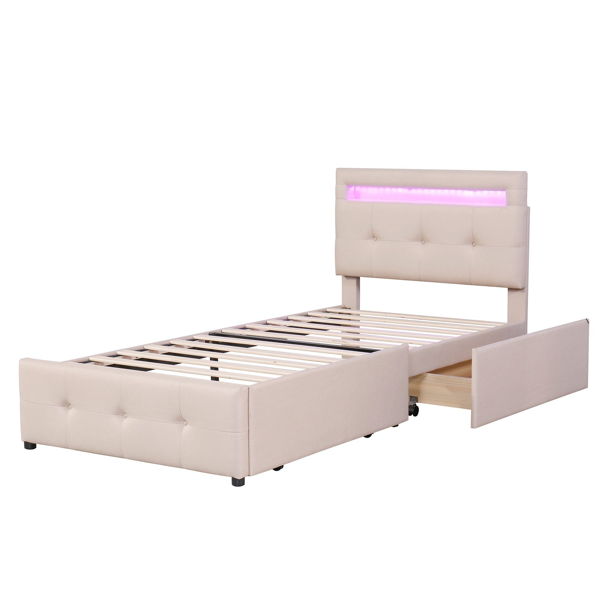 hautfreundlicher Bett Schubladen, 2 Matratze Leinenpolsterung OKWISH (mit LED-Leuchten, Beige 200x90cm, Jugendbett flach), Ohne Polsterbett Gästebett Kinderbett