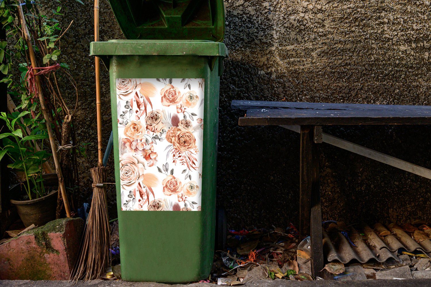 St), Braun MuchoWow (1 Weiß Sticker, Abfalbehälter - Mülleimer-aufkleber, Container, Mülltonne, - Rosen Wandsticker