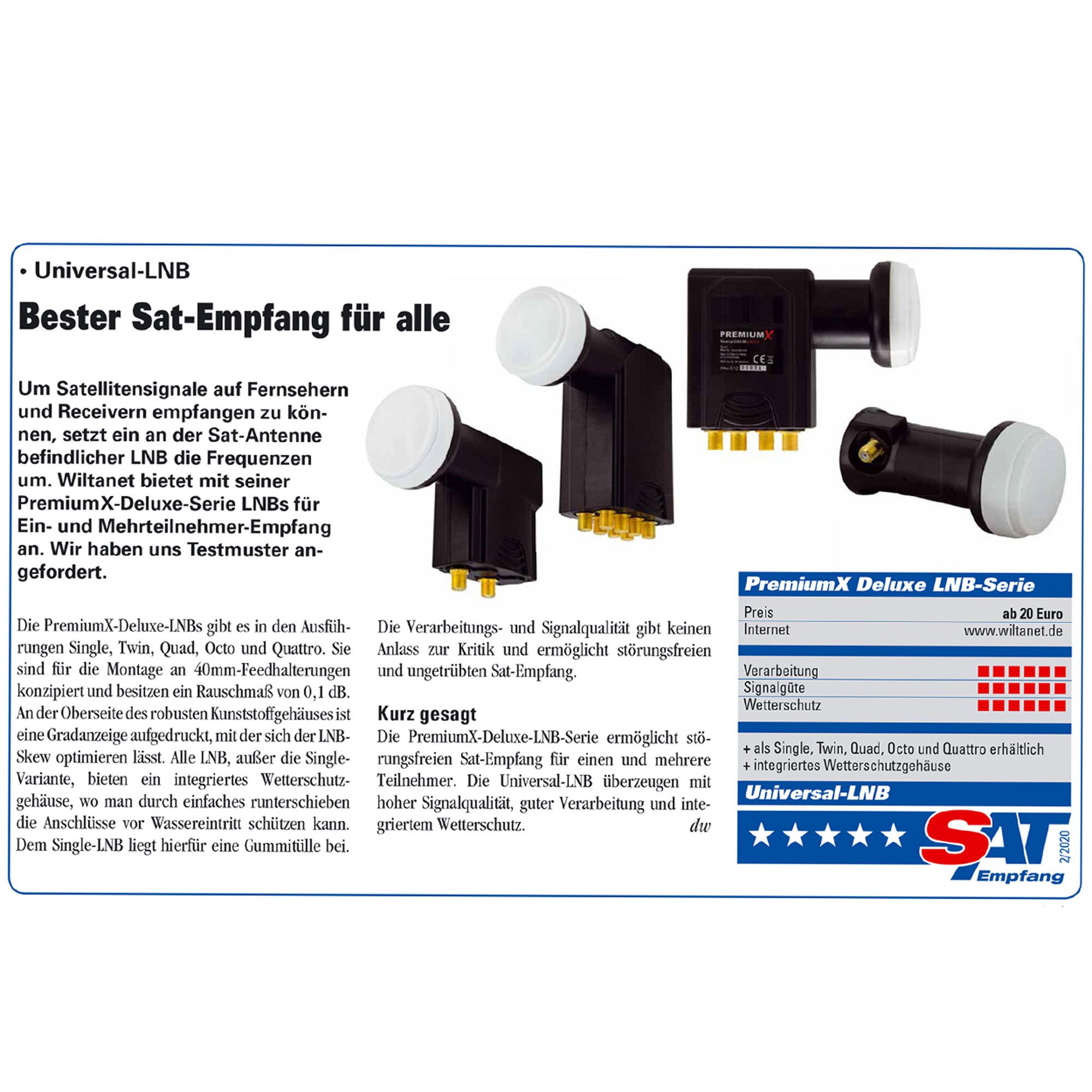PremiumX Deluxe Twin LNB PLL SAT für 2 Teilnehmer DVB-S2 HD UHD 4K Monoblock-LNB