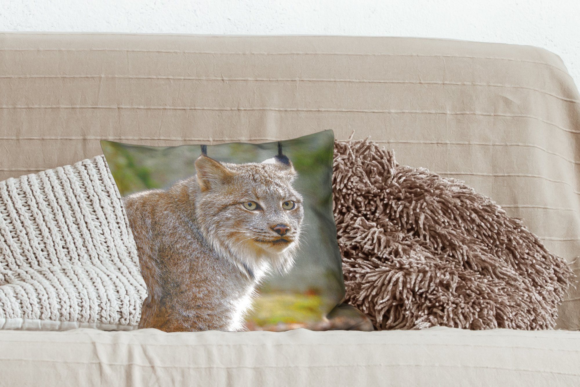 mit Sofakissen Luchs Wald - Grau, Schlafzimmer, MuchoWow für Zierkissen Füllung Dekokissen Deko, Wohzimmer, -