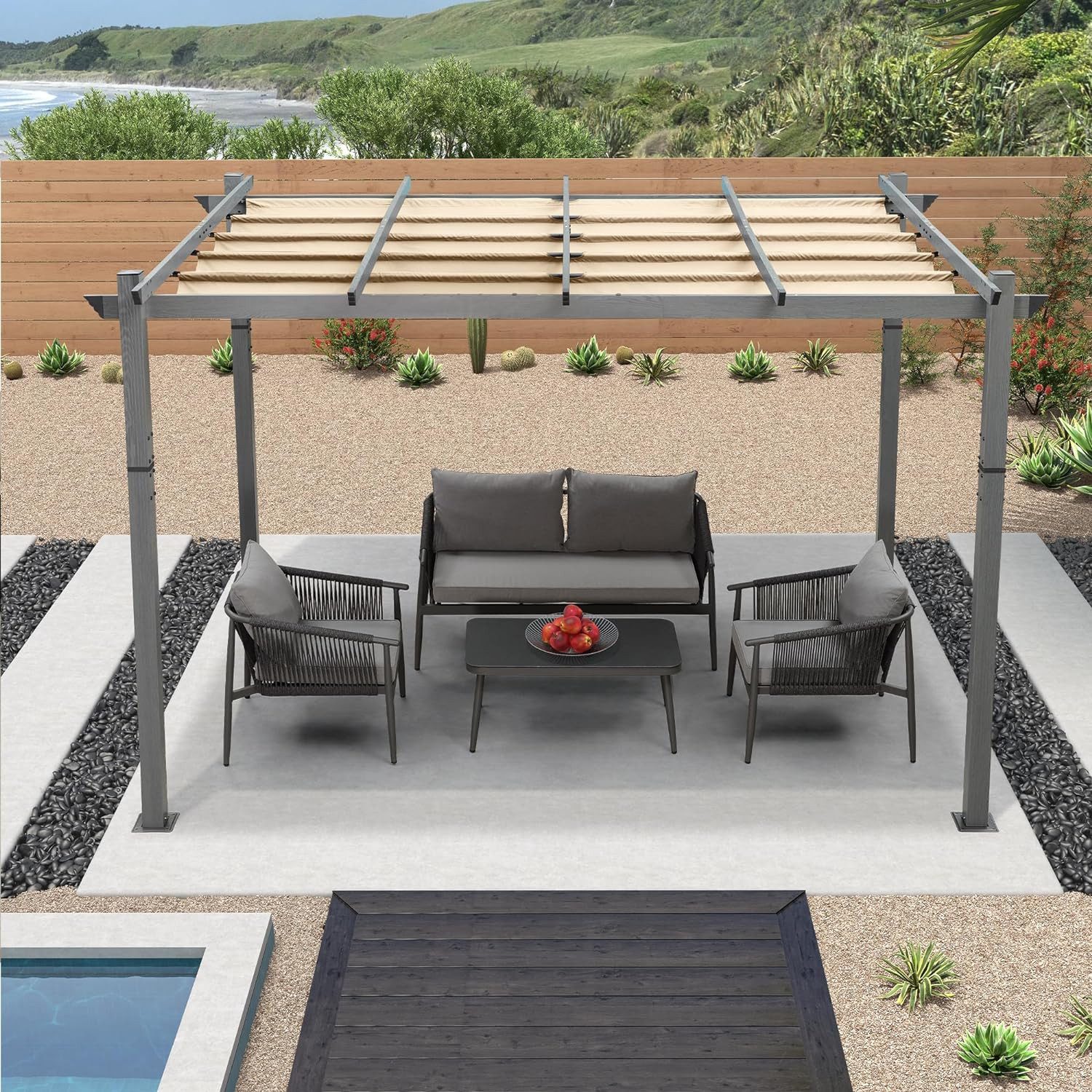 PURPLE LEAF Pergola 3 x 3 m Pergola, Gartenpavillon mit Sonnenschutz Überdachung, Rahmen aus Aluminium mit Holzmaserung, Wasserdicht, stabil