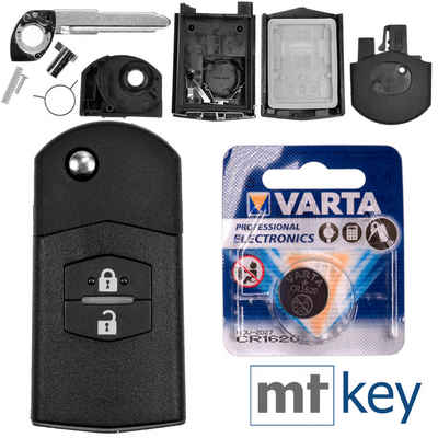 mt-key Auto Klapp Schlüssel Ersatz Gehäuse 2 Tasten + Rohling + VARTA CR1620 Knopfzelle, CR1620 (3 V), für Mazda 5 CW 2 DE 3 BK 6 SW BT-50 CX-9 CX-7 Funk Fernbedienung