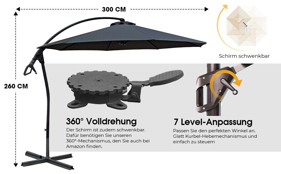 habeig Ampelschirm Sonnenschirm WASSERDICHT Ampelschirm 3m PVC Schirm 300cm wasserfest, 100% Wasserdicht – Bild 5 von 5