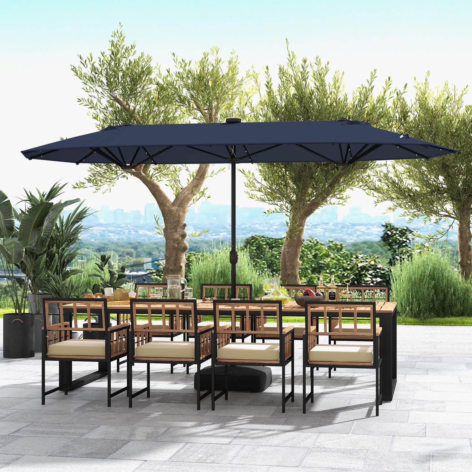 COSTWAY Sonnenschirm, 400 x 200 cm, LED-Solar-Beleuchtung, mit Ständer