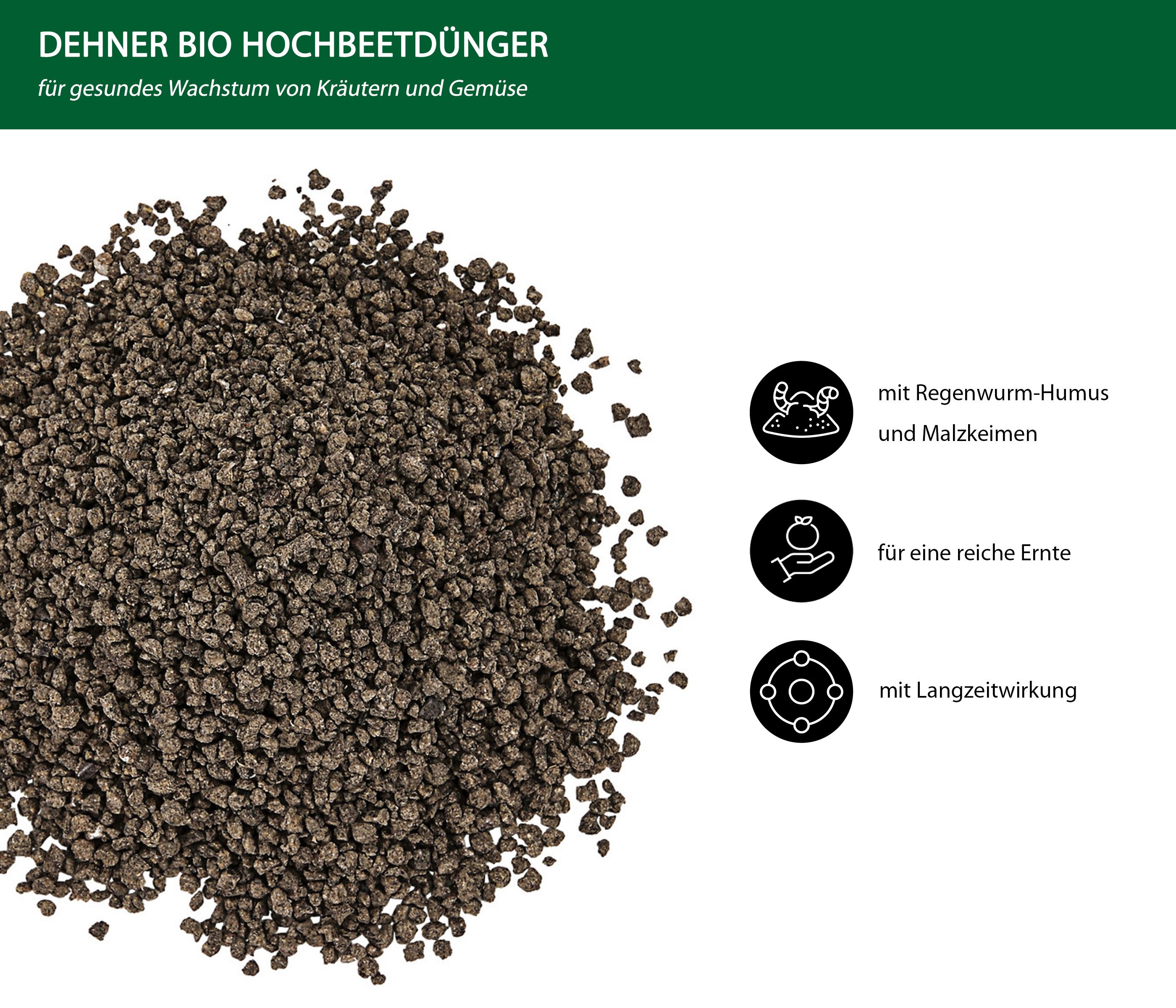 Dehner Gartendünger Bio Hochbeetdünger, hochwertiger Spezialdünger, 1.5 kg, für ca 25 qm, 25 m², mit Regenwurm-Humus und Malzkeimen, Langzeitwirkung