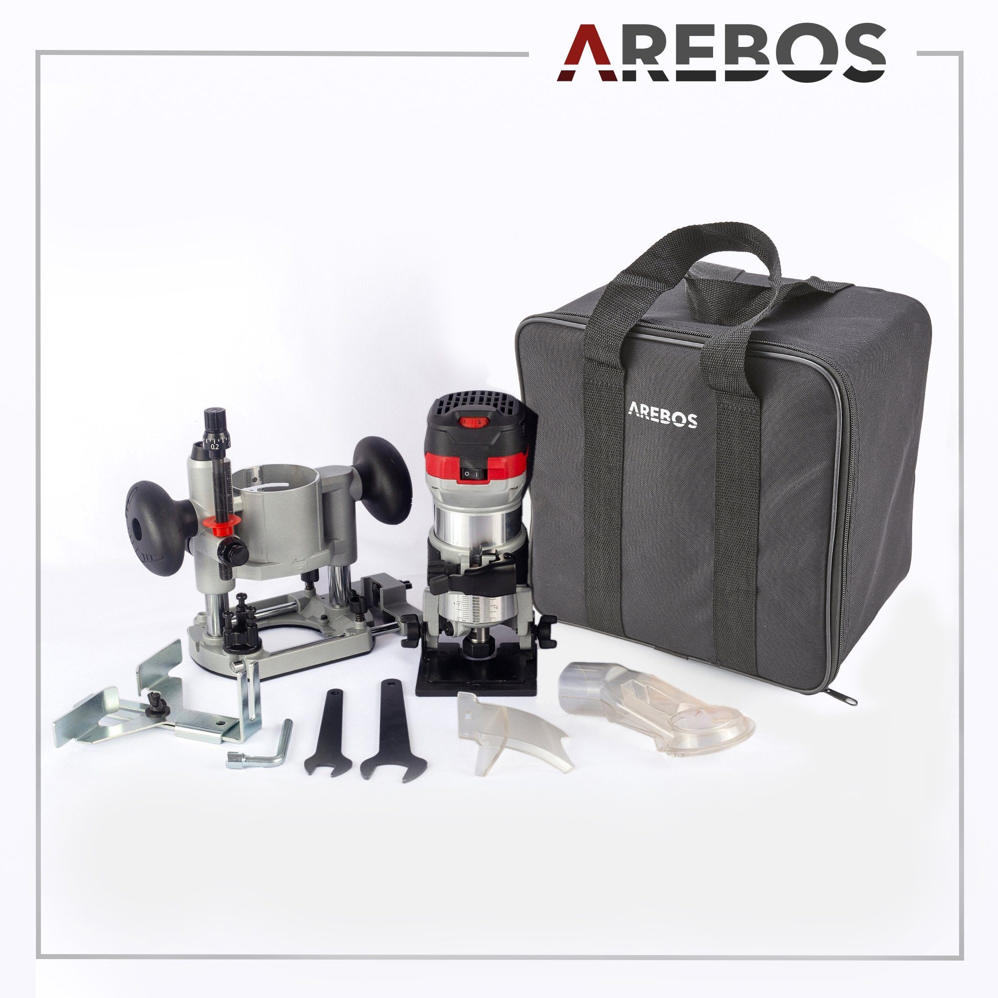 Arebos Oberfräse Holz Fräse Fräsmaschine, Tauchbasis & Trimmer, mit Werkzeugtasche, (Oberfräse Deluxe mit Trimmer und Tauchbasis), Leistungsaufnahme : 710 W