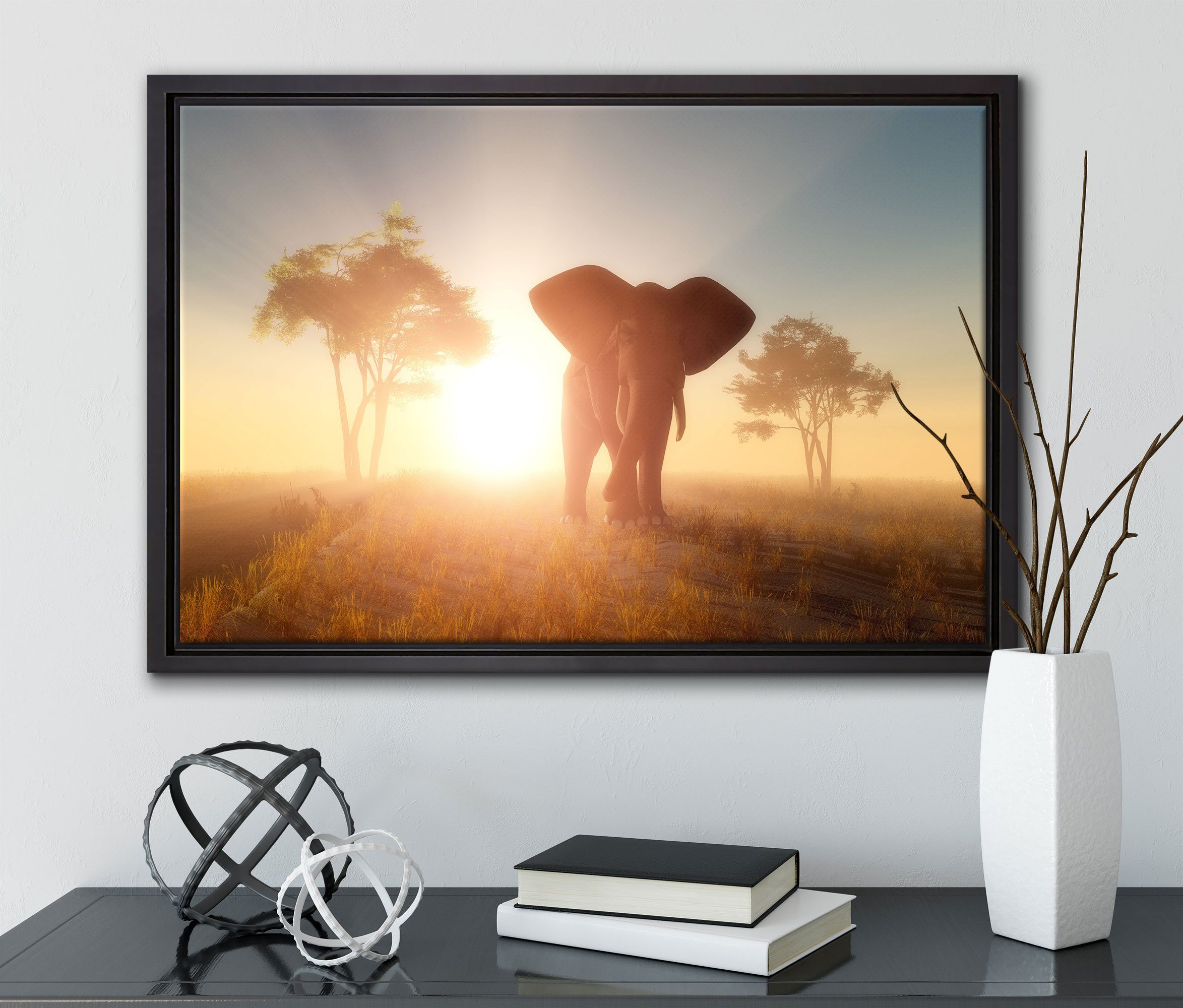 Pixxprint Leinwandbild der gefasst, einem bespannt, (1 Wanddekoration in fertig in St), Elefant Zackenaufhänger inkl. Wüste, Schattenfugen-Bilderrahmen Leinwandbild