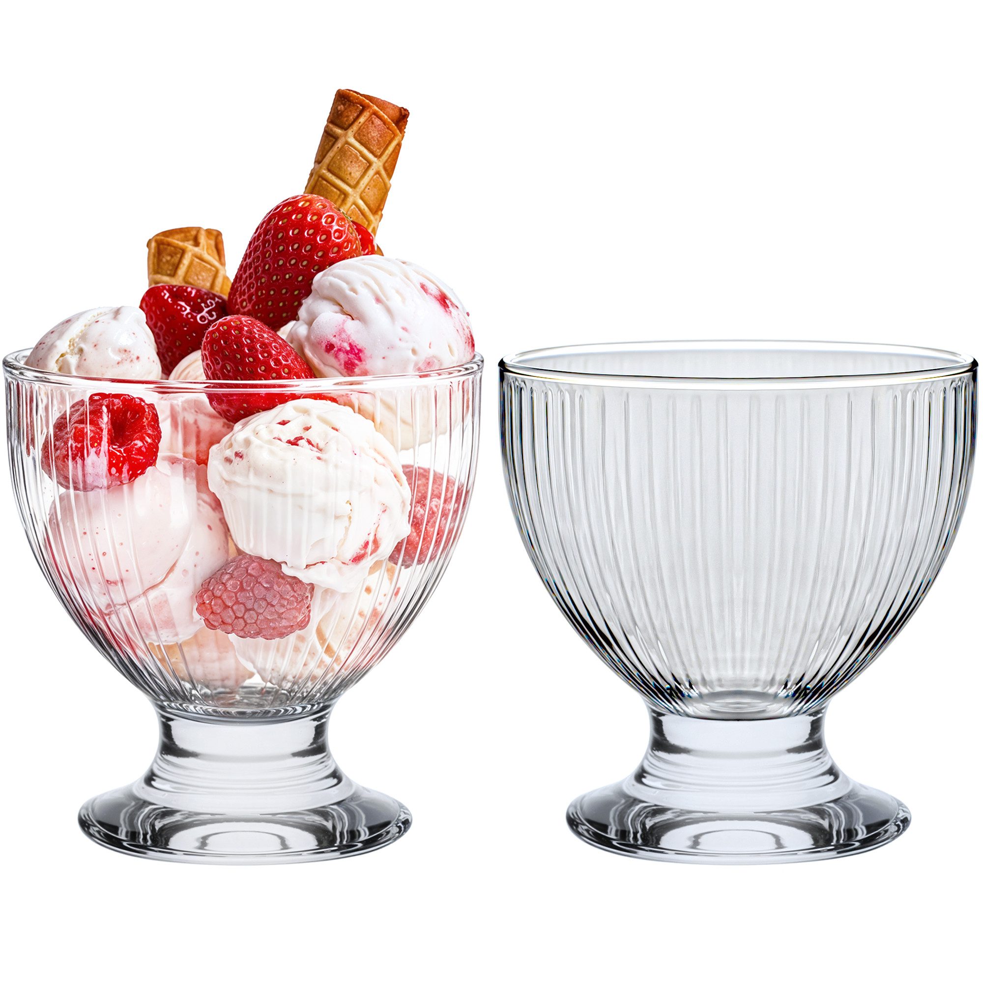 KONZEPT Eisschale Eisbecher Glas Set, Glasschale mit Fuß 405 ml, Glas Geriffelt für Eis, (8-tlg), Perfekt für Schichtdessert, Candy Bar Zubehör