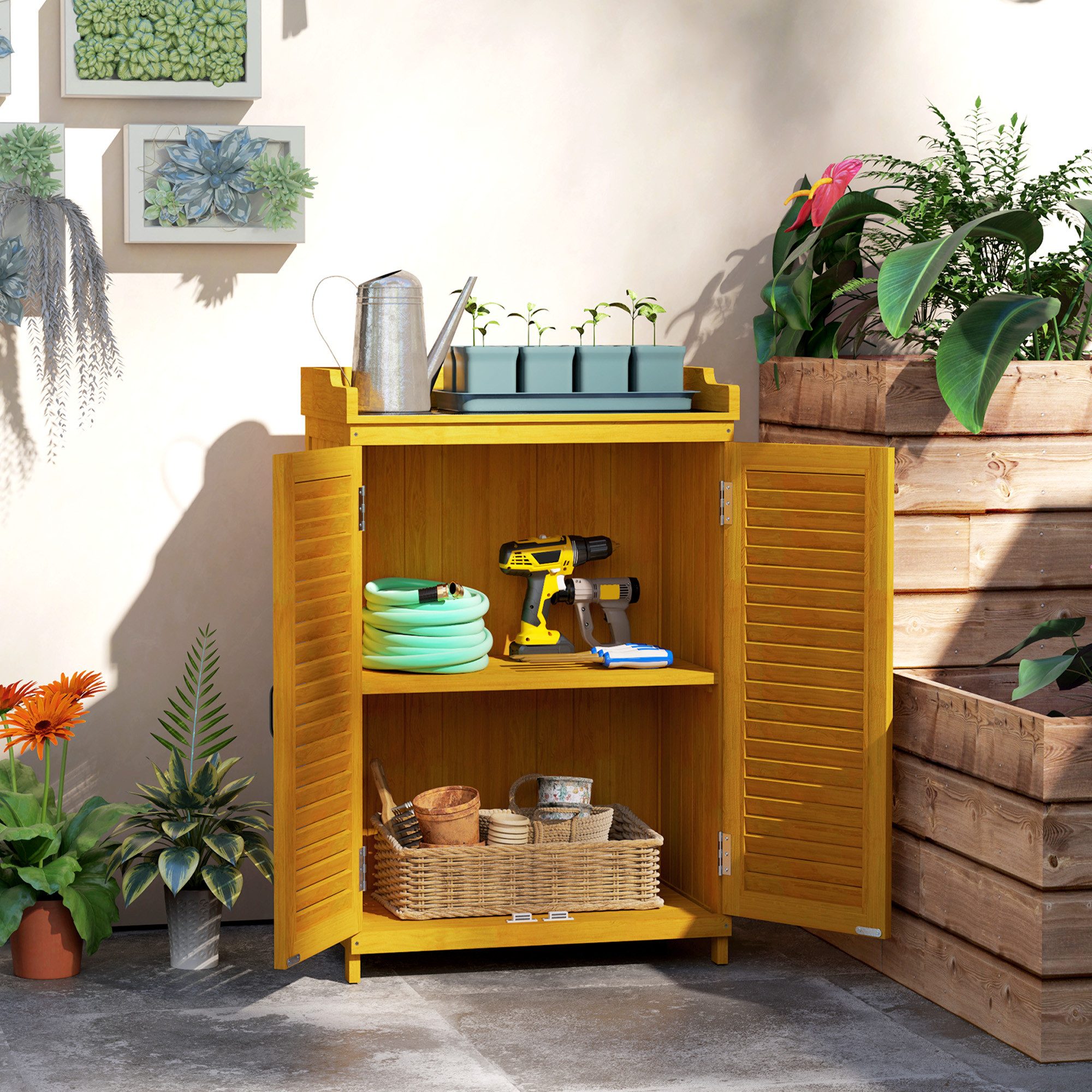 Outsunny Gerätehaus mit Arbeitsfläche, Lamellentür, Ablagen, günstig online kaufen