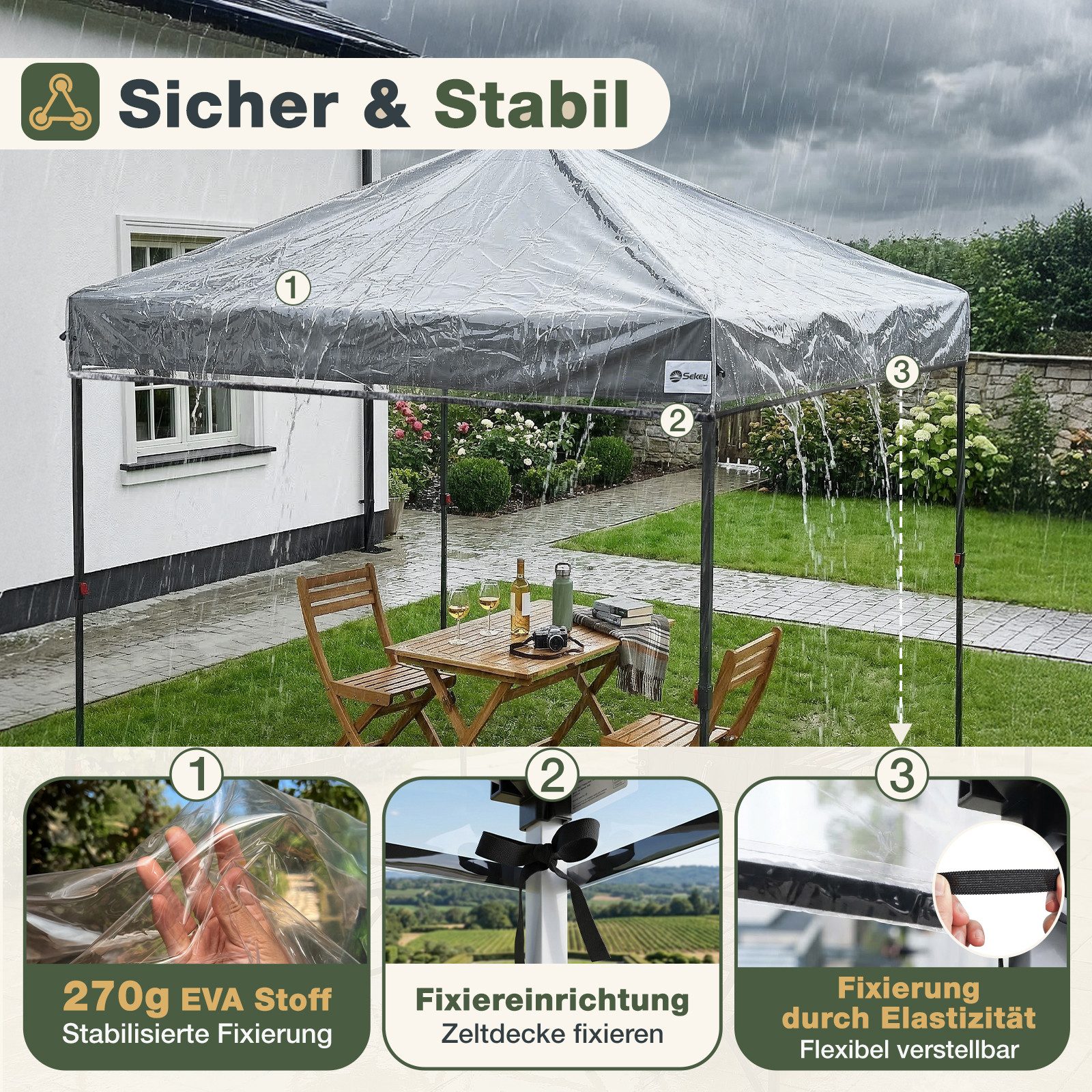 Sekey Pavillon-Schutzhülle Ersatzdach Pavillon 3 x 3 m Pavillondach Transparent Wasserfest, 270g/m², pavillon schutzhaube, Regenschutz Plane für Gartenzelt – Bild 4 von 5