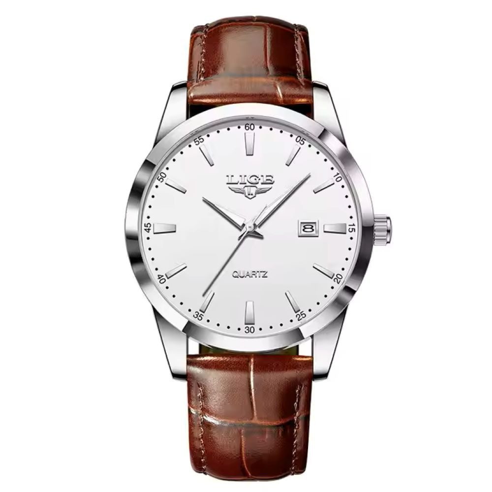 Quarzuhr Lige 89143 Herrenuhr Quarz Zifferblatt Weiß Lederarmband 89143