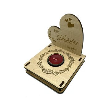 KS Laserdesign Teelichthalter Kerzenhalter mit Gravur "beste Schwester der Welt" - Geschenke für Frauen, Geburtstagsgeschenk, Weihnachten, Lieblingsschwester, aus Erle Holz