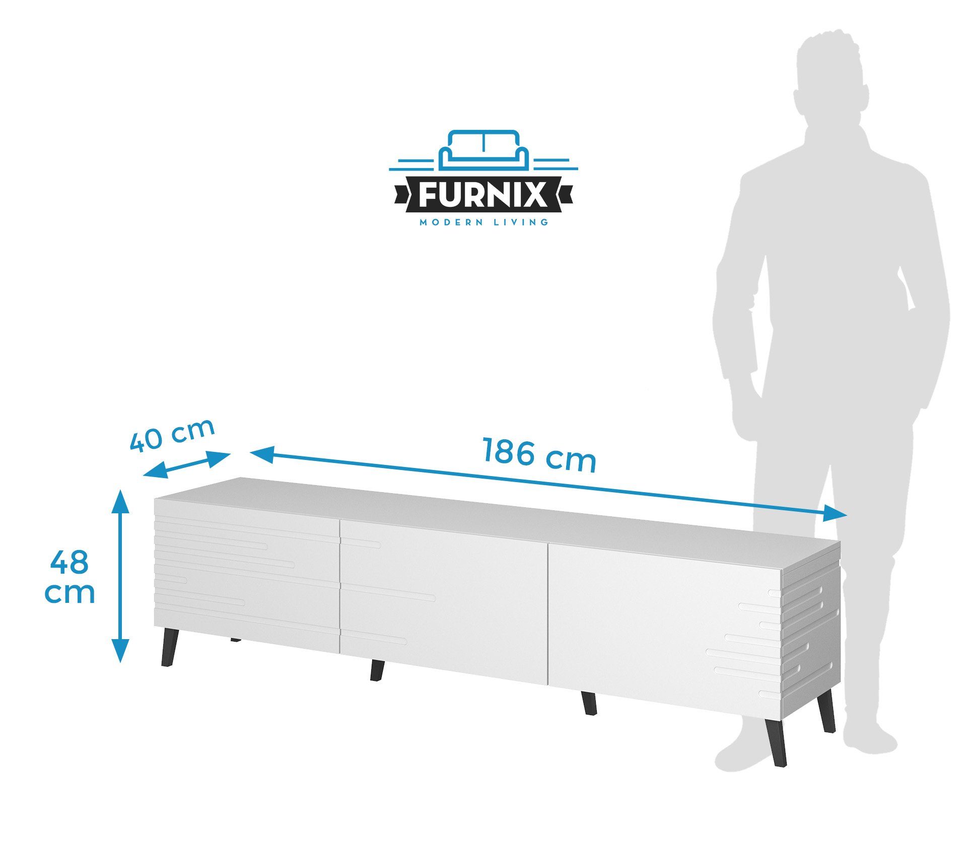 B186 cm T40 Furnix Weiß Fronten NEVILLA Fernsehschrank TV-Schrank Maße: dekorativen gefrästen x H48 mit x