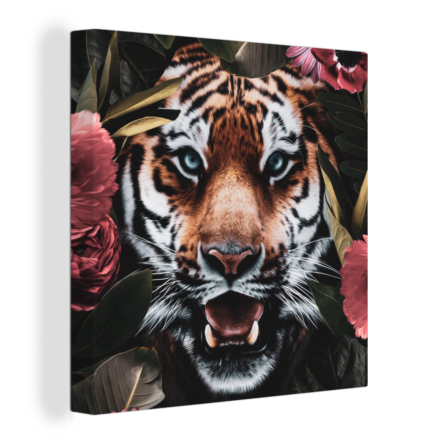 OneMillionCanvasses® Leinwandbild Tiger - Blumen - Dschungel, (1 St), Leinwand Bilder für Wohnzimmer Schlafzimmer