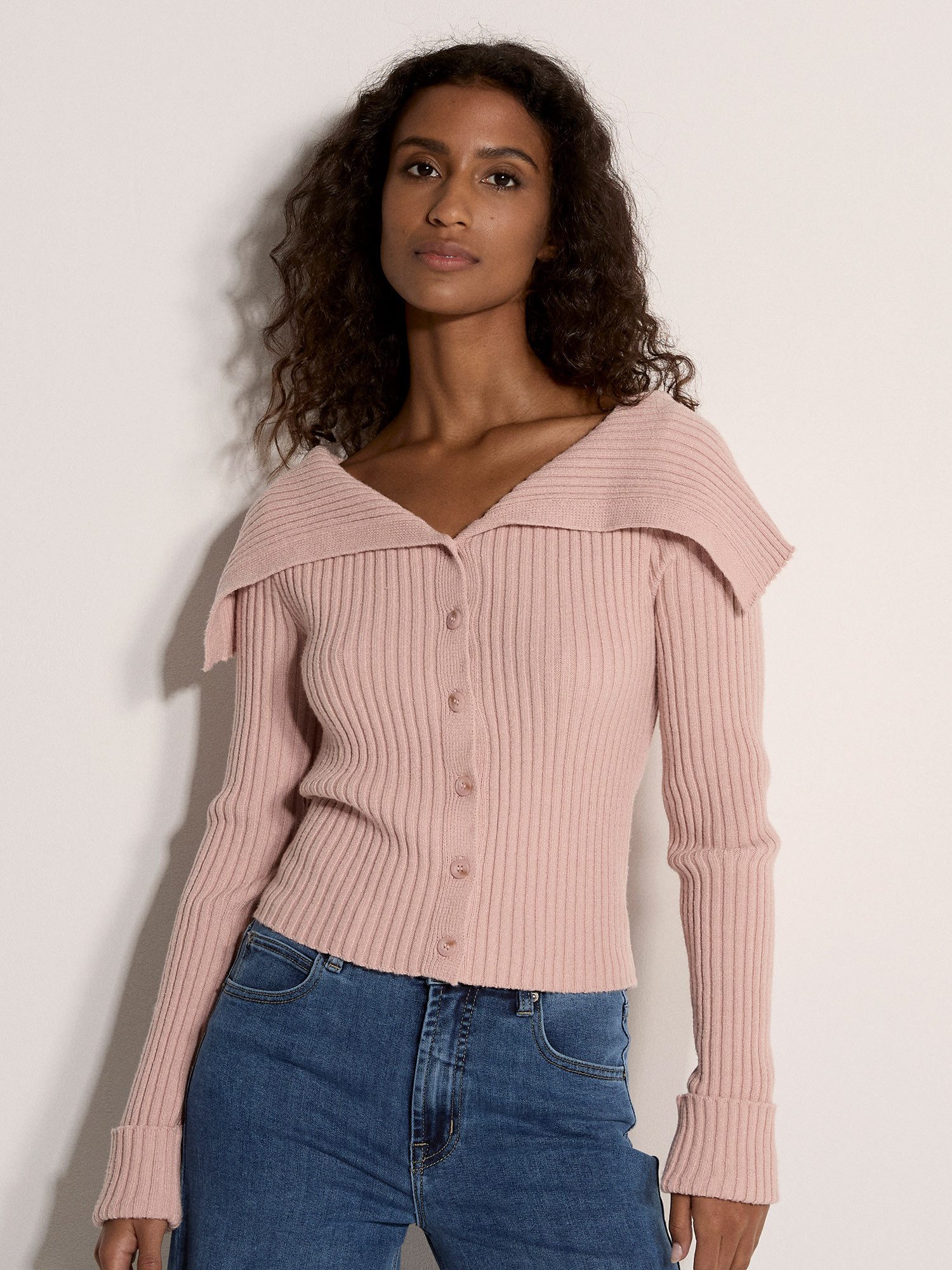 Apricot Strickjacke Strickjacke mit breitem Kragen und Rippmuster Einfarbig günstig online kaufen