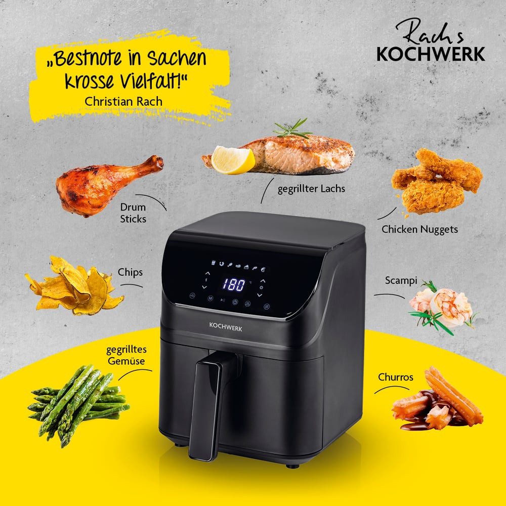 Rachs KOCHWERK Heißluftfritteuse 4L digitaler Airfryer mit Timer-Funktion, 1400 W, Erinnerungsfunktion