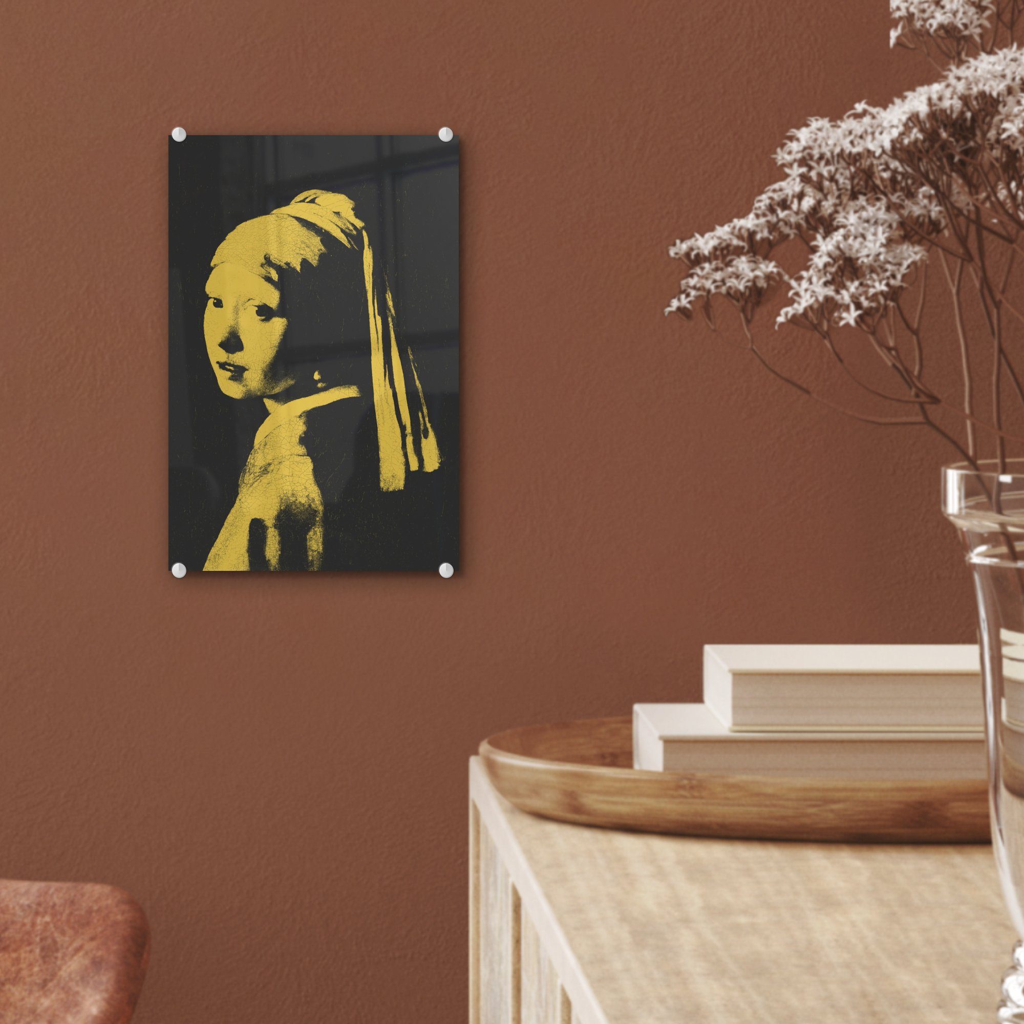 Acrylglasbild - (1 - mit Glasbilder Wanddekoration auf St), Wandbild einem Gelb, Perlenohrring MuchoWow bunt - Glas - Glas Johannes Foto Bilder Mädchen - Vermeer auf