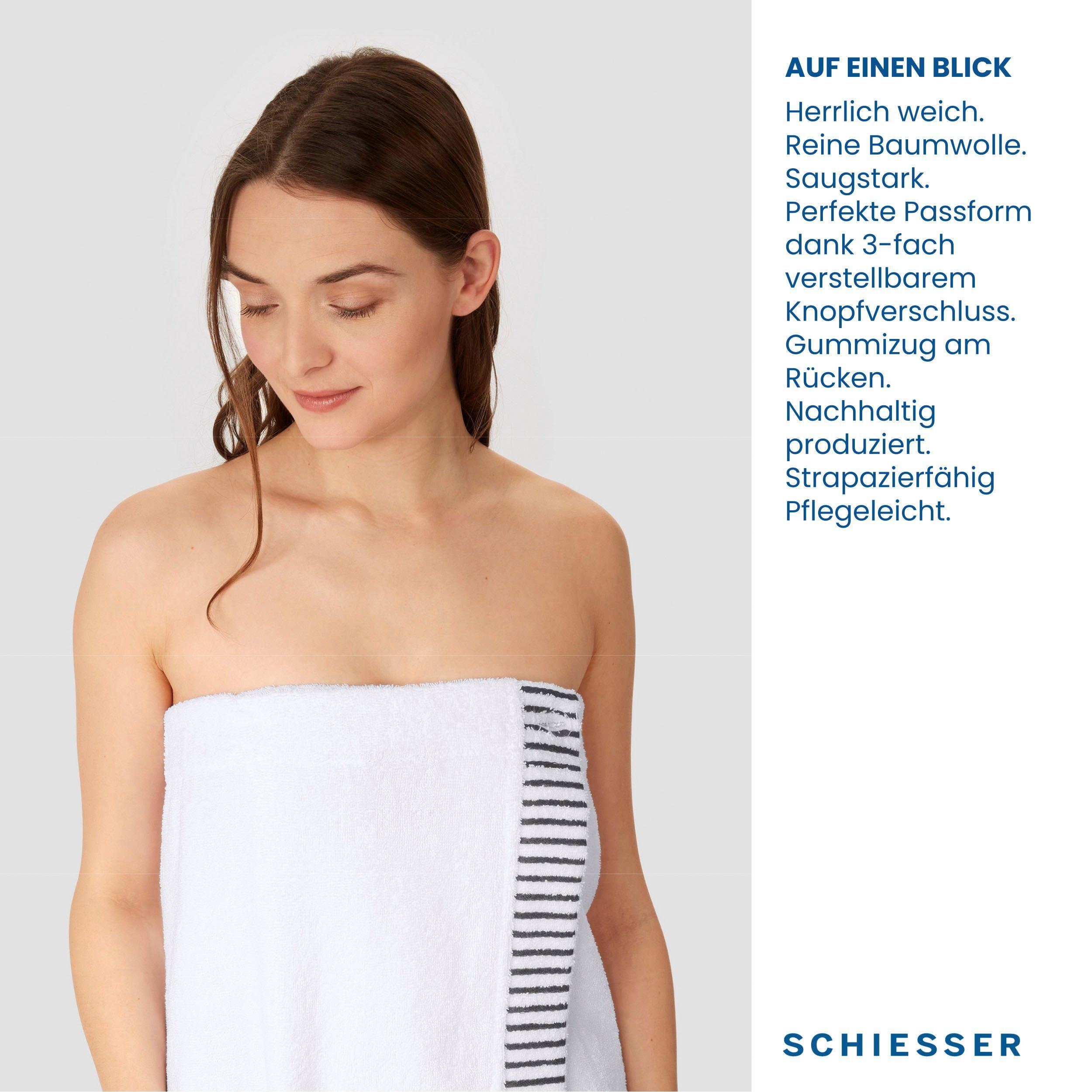 Schiesser Sarong Saunakilt Rom Streifen-Akzent Baumwoll-Frottier, Weiß mit für Damen Logostickerei und Frottier, aus saugstarkem Knöpfe, Kurzform