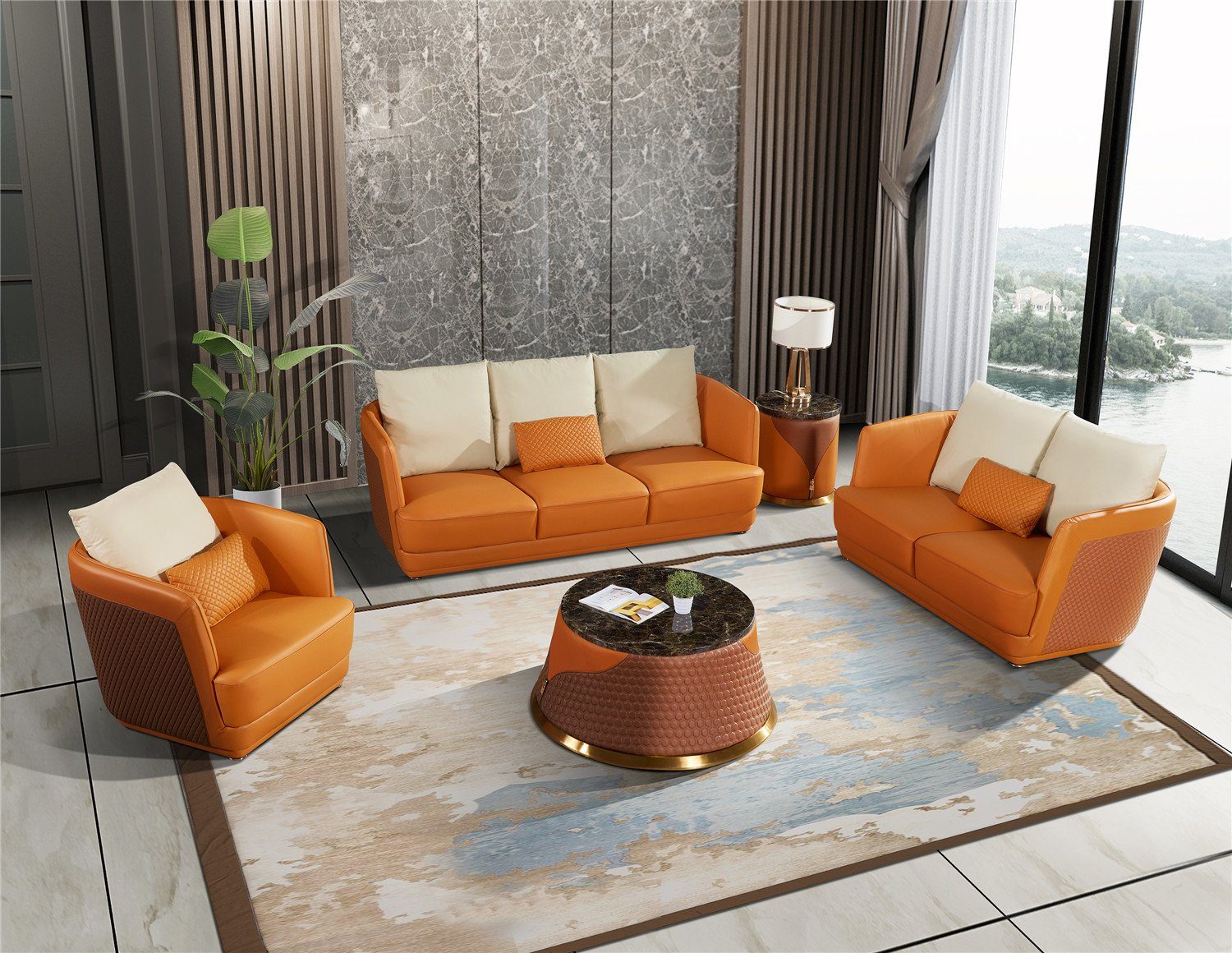 JVmoebel Sofa Moderne Sofagarnitur 3+2 Sitzer Ledersofa Wohnlandschaft Neu, Made in Europe Orange