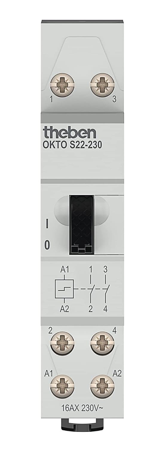 theben Stromstoßschalter OKTO S22-230 3120122 Stromstoßrelais, elektromechanisch, 2 Schließer, Lichtsteuerung, 200 W LED, Hutschiene