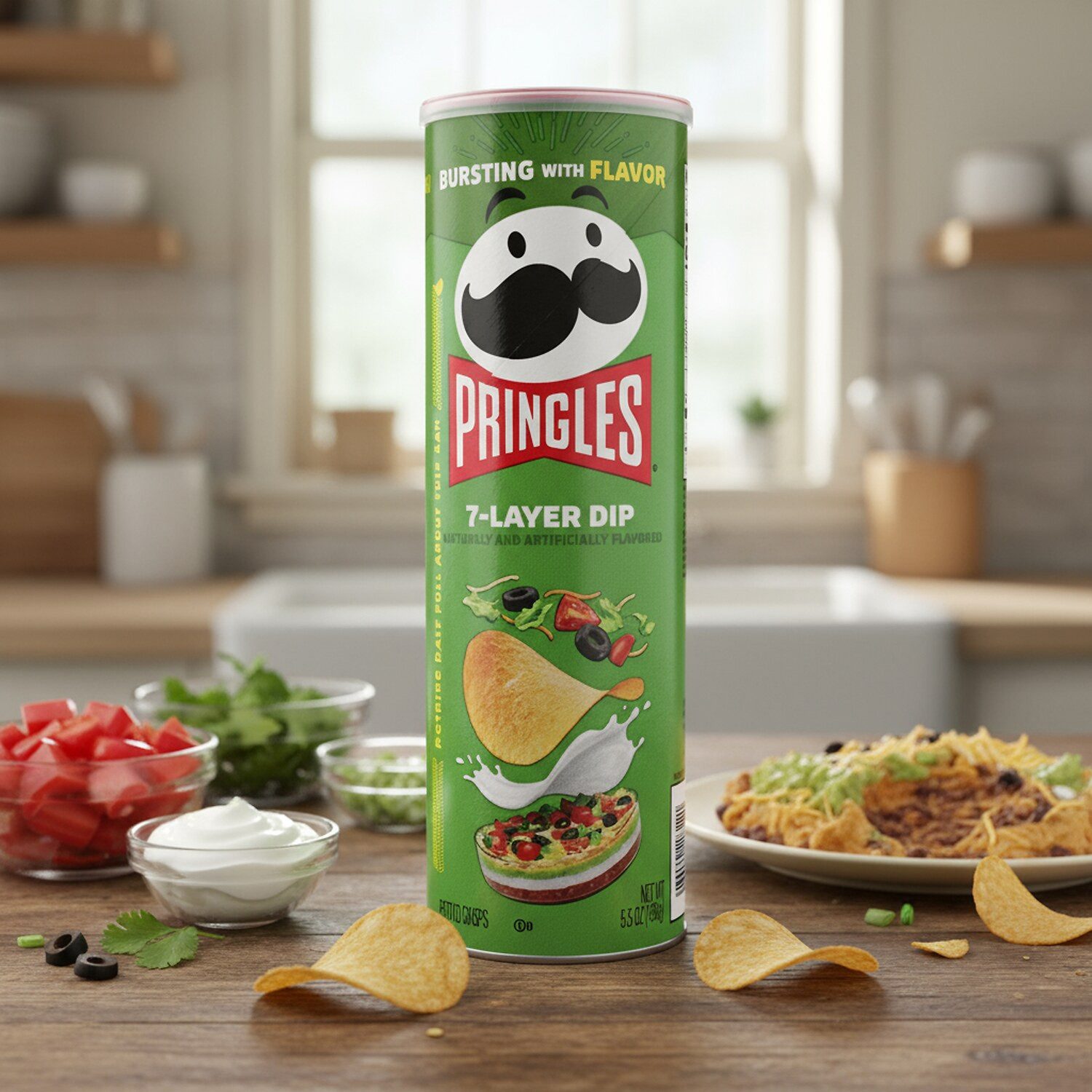 Pringles Knabberei, 1 x 156 g, Pringles 7-Layer Dip Chips – Würziger Tex-Mex Geschmack, Limitierte