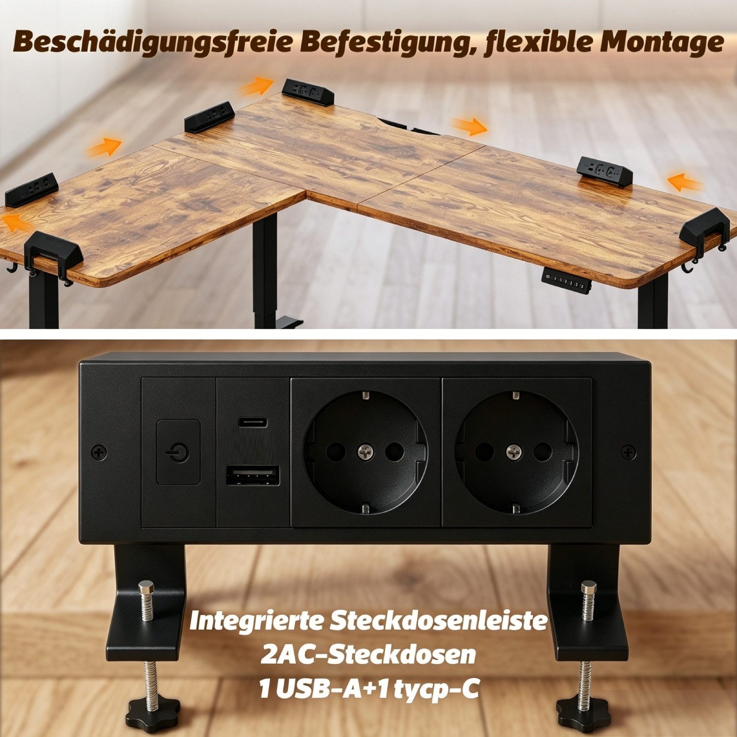HOMALL Schreibtisch 20 mm starker EckSchreibtisch, L-förm höhenverstellbarer Schreibtisch (Maße: 160 × 140 / 190 × 155, 20 mm dicke Tischplatte, Tragkraft bis zu 100 kg, mit beweglicher Steckdose, in 3 Stufen höhenverstellbar)