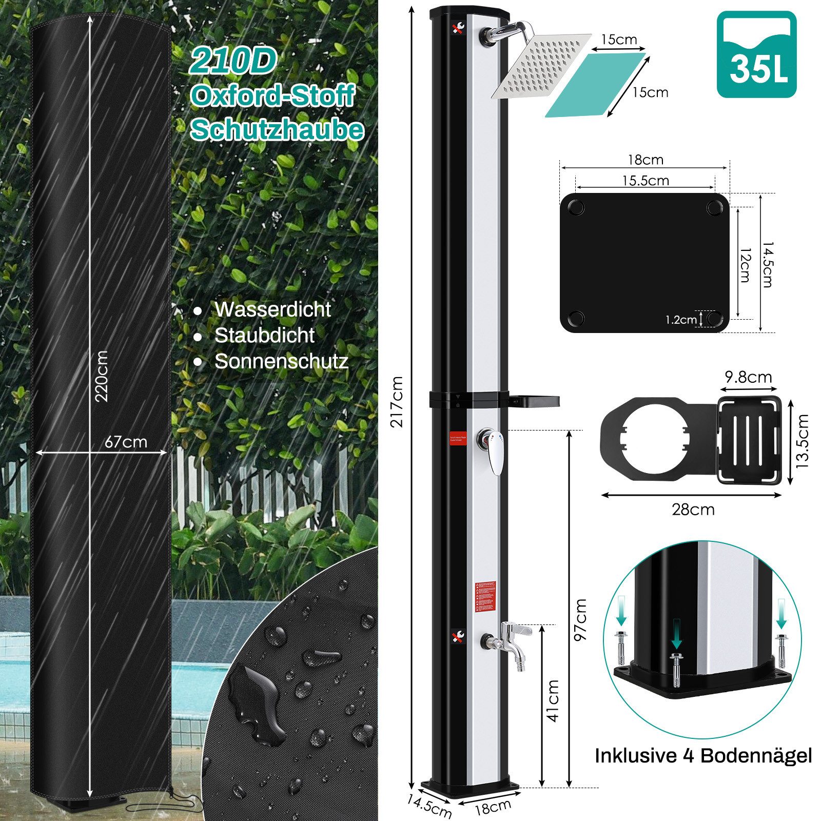 TLGREEN Gartendusche Solardusche Warmwasser bis 60°C, mit Regenduschkopf (35 L/40L/60L mit Seifenkiste & Schutzhaube, ohne Stromanschluss), Pooldusche Camping für Garten, Balkon & Pool