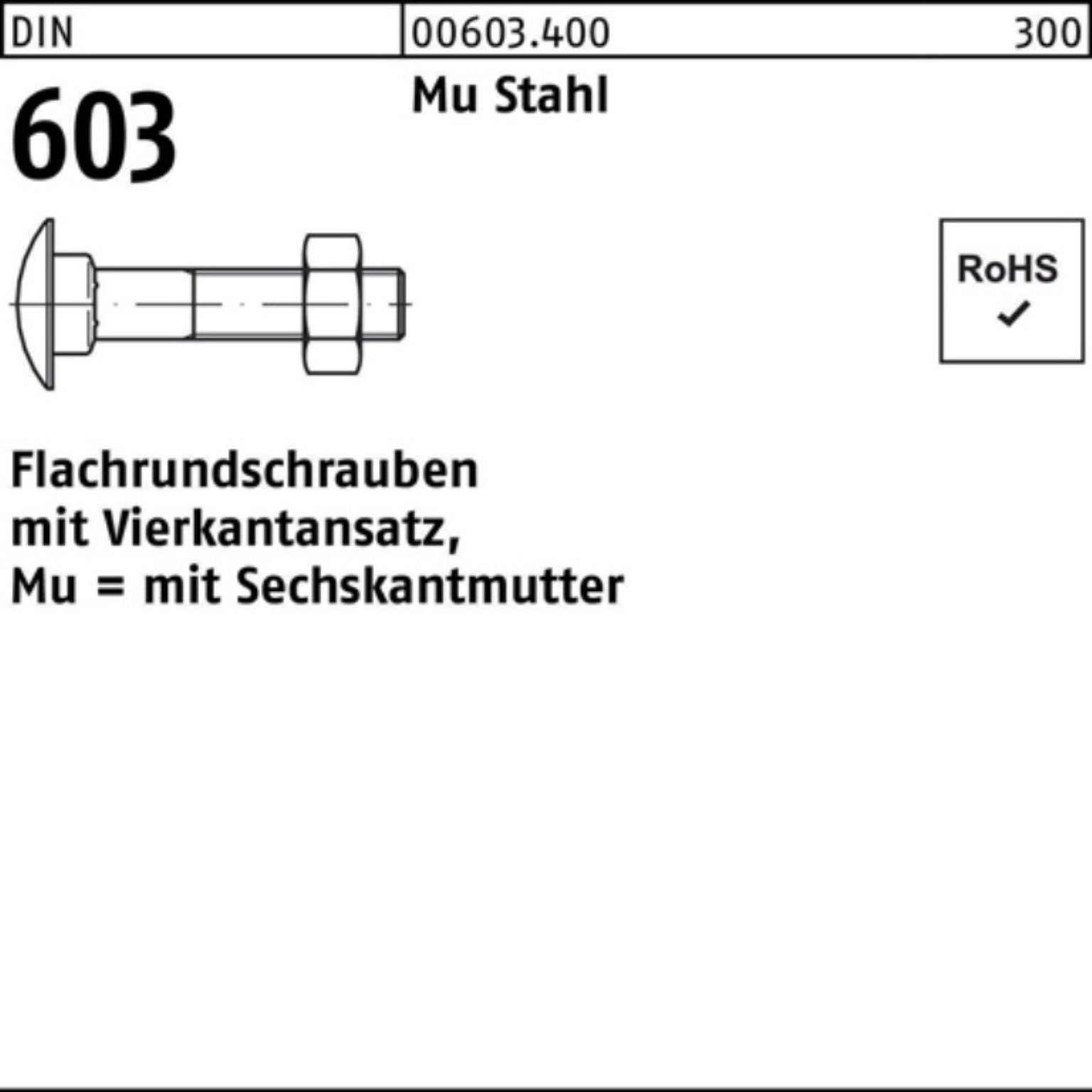 Reyher Schraube 100er Pack Flachrundschraube DIN 603 Vierkantansatz/6-ktmutter M12x340