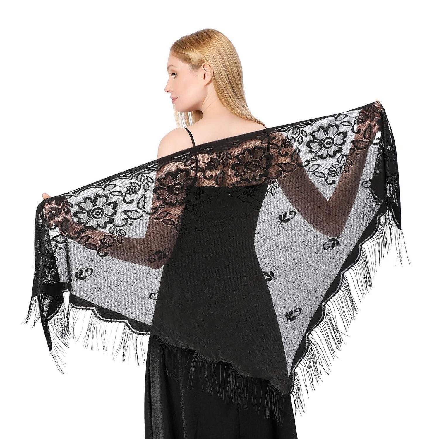 LuxusKollektion Dreieckstuch Spitzenschal mit Quasten Dreieck 200x75cm schwarz/weiss, (1-St)