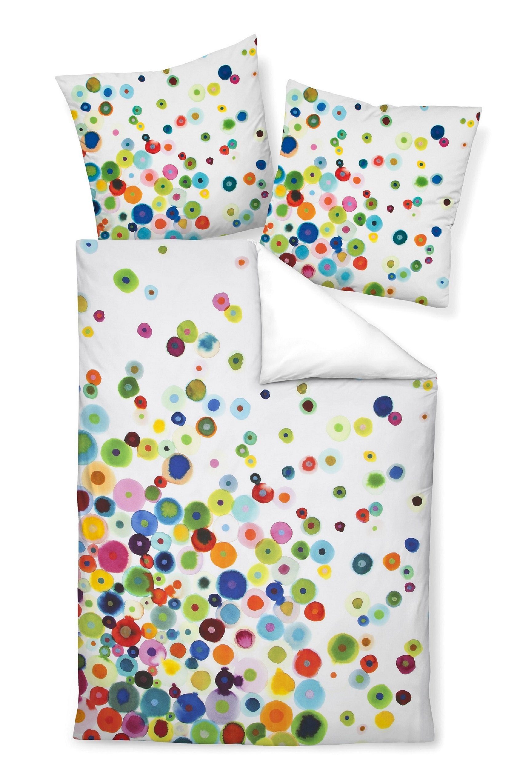 Janine Bettwäsche Mako-Baumwolle, Mako-Satin, 2 teilig, bunte Punkte auf weißem Hintergrund