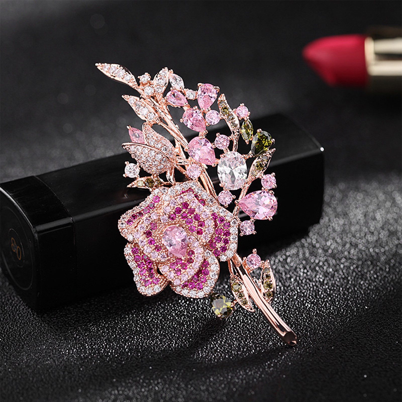 MOPUEA Brosche Brosche Rosen mit rosa grün Zirkon Kristall Damen Schmuck Elegante (Damen Brosche / Blumen Schmuck Pin, Rosen Blüten Brosche mit Zirkonia in Pink & Grün, Metall Gold), Zirkonia, Metall, 2 Farben, Rosenblume, elegant
