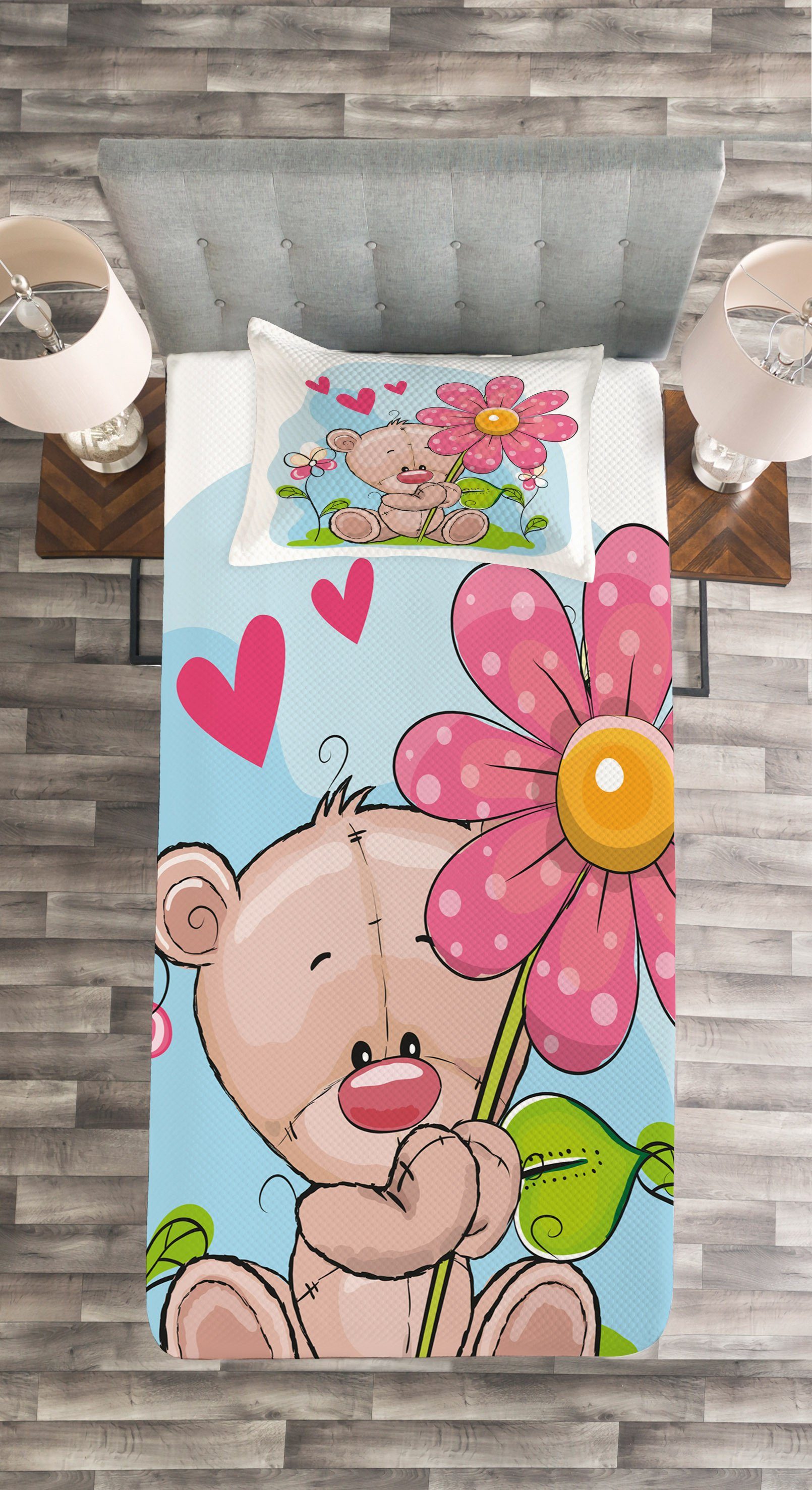 Abakuhaus, Waschbar, Kissenbezügen Bär Set mit Blumen Tagesdecke Lustiger Cartoon Teddy