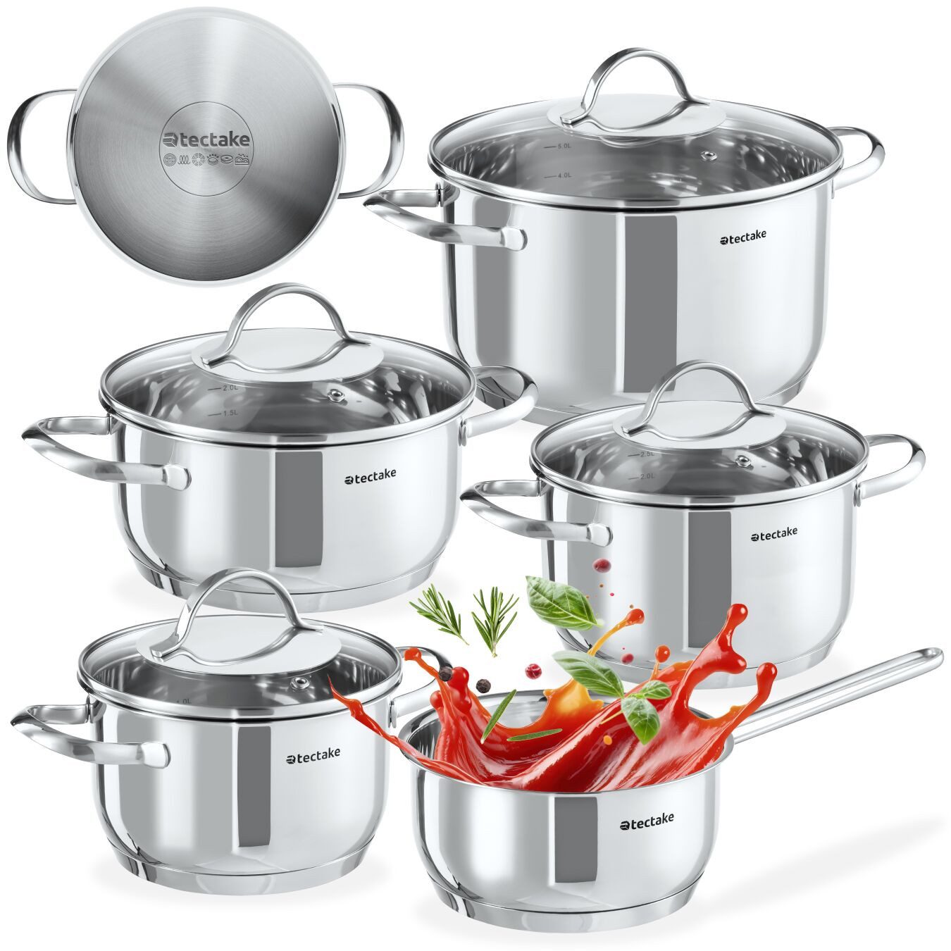 tectake Topf-Set Kochtopfset aus Edelstahl 9-teilig, Messskala in den Töpfen, Edelstahl (Kochgeschirrset Bologna II, 9-tlg., in silber), für Induktion geeignet, 4 Kochtöpfe mit Deckel, spülmaschinenfest