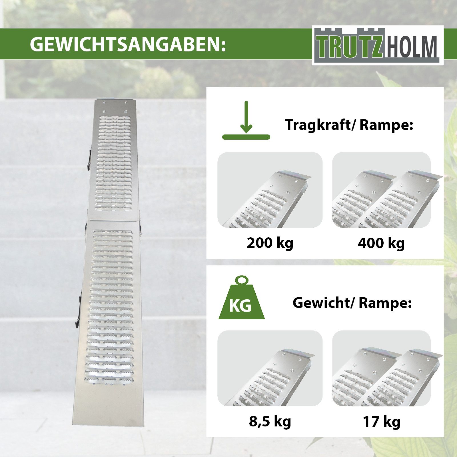 TRUTZHOLM Auffahrrampe klappbar 189cm Tragkraft 200kg Stahl grau geriffelt Verladerampe Rampe (Stück, 1-St), geriffelt
