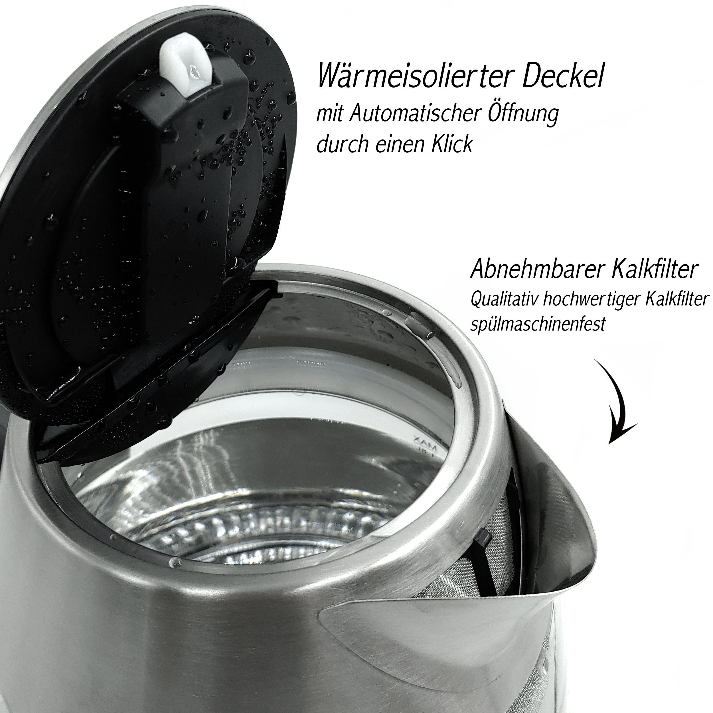 LMG Germany Wasserkocher 1,7 l Glas Edelstahl Wasserkocher 2200W, LED & Temperatureinstellung, 1,8 l, 2200 W, Edelstahlgehäuse, Temperatureinstellung, Schnellkochfunktion