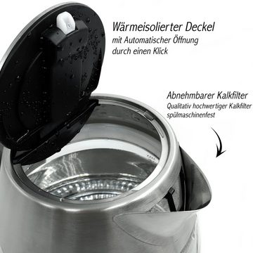 LMG Germany Wasserkocher 1,7 l Glas Edelstahl Wasserkocher 2200W, LED & Temperatureinstellung, 2200 W, Edelstahlgehäuse, Temperatureinstellung, Schnellkochfunktion