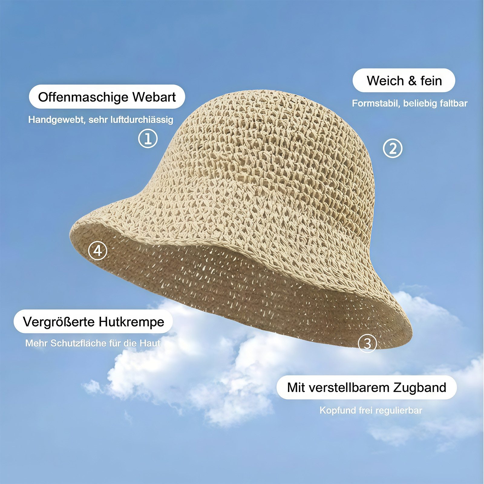 MOPUEA Strohhut Damen Strohhut Sonnenhut Faltbar Breite Krempe Sommer Verstellbarer (Damen Sonnenhut Aus Papierstroh Mit Breiter Krempe, Faltbarer Strohhut Mit Verstellbarer Passform) Atmungsaktiv Formbare Krempe Faltbar Und Leicht Tragbar