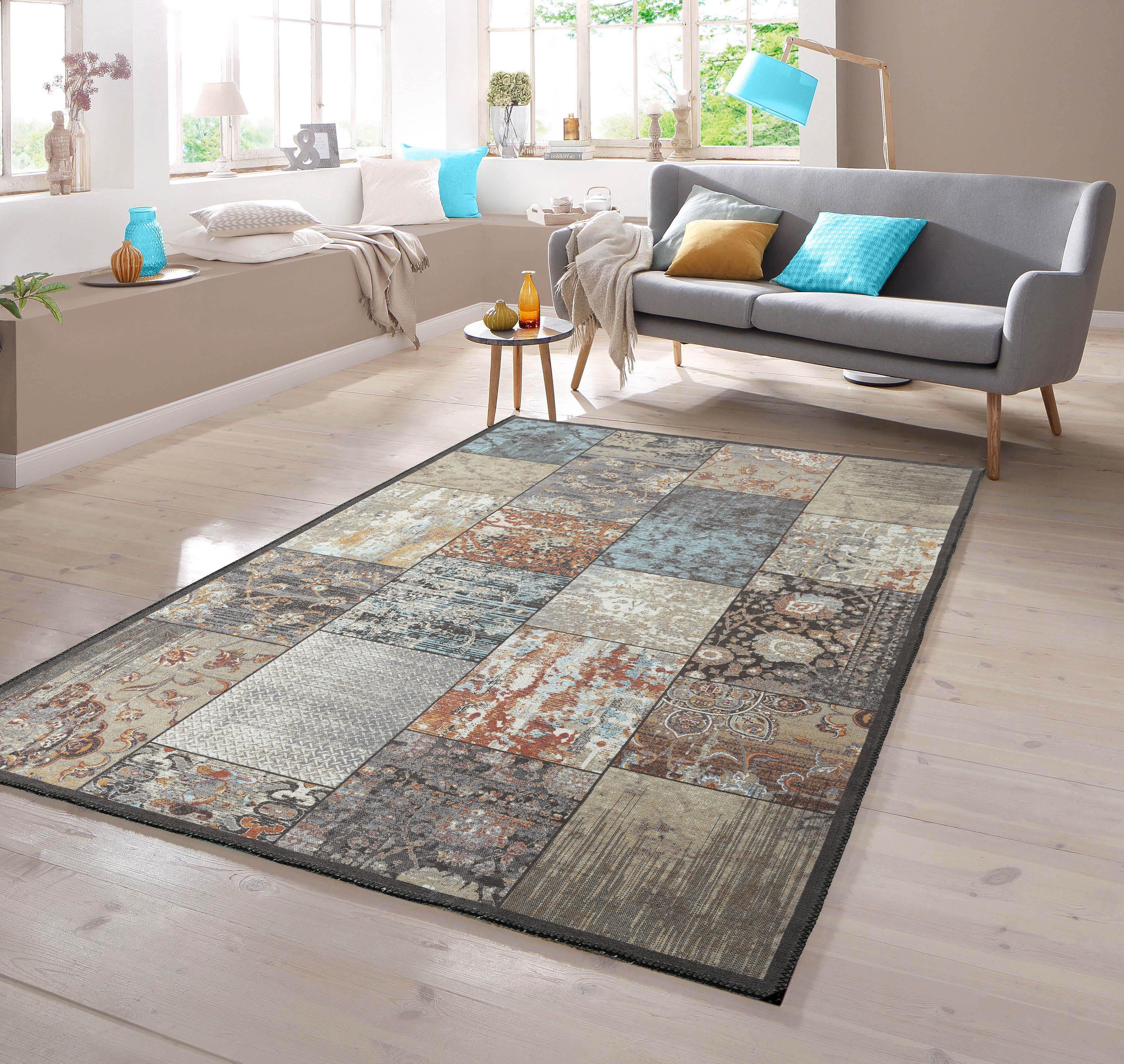 TeppichHome24 Teppich Moderner Teppich mit Quadraten gemustert mehrfarbig, rechteckig, Höhe: 7 mm
