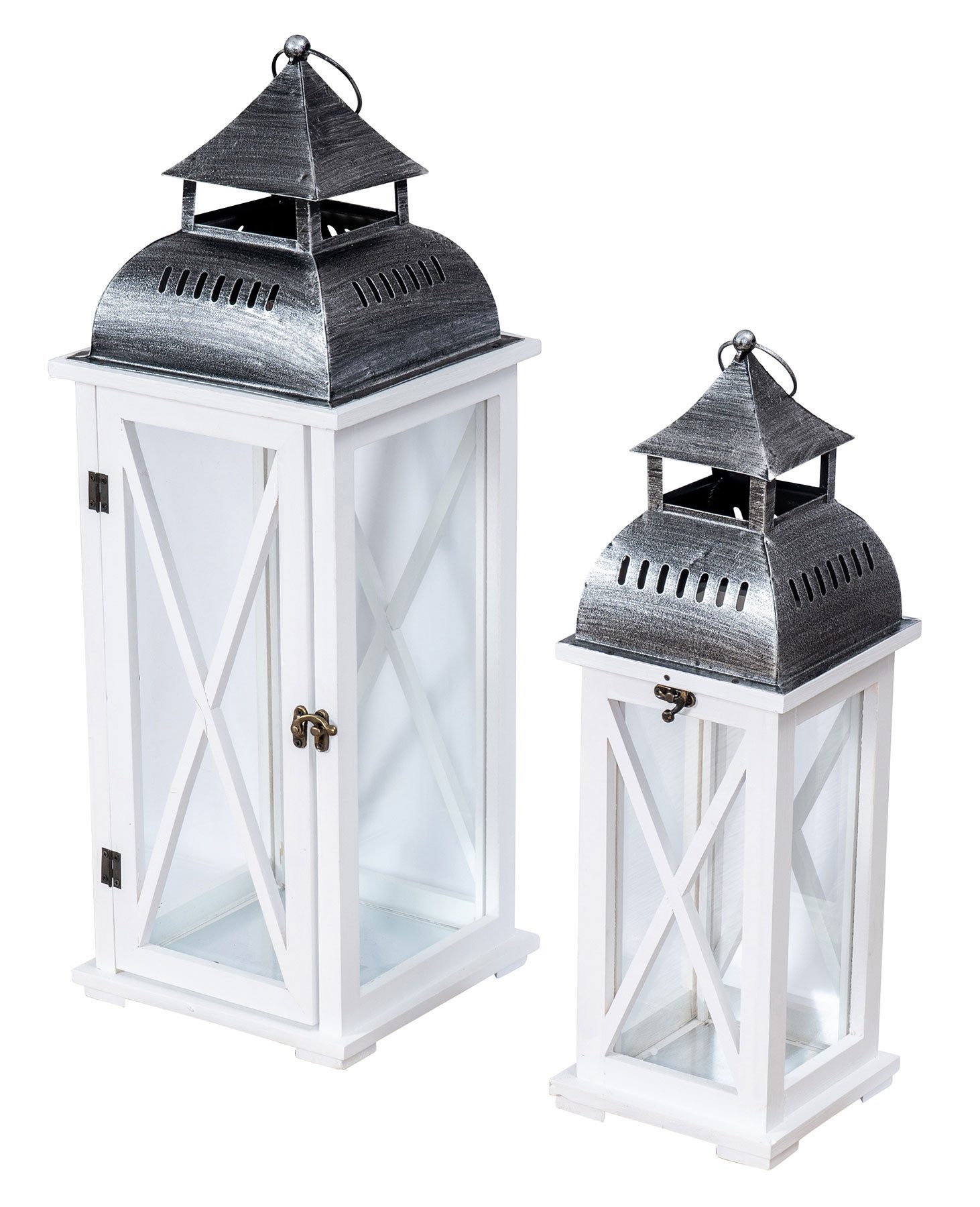 Levandeo® Kerzenlaterne, 2tlg. Ліхтарі Set Holz weiß Metall Glas Shabby Chic 42cm & 60cm
