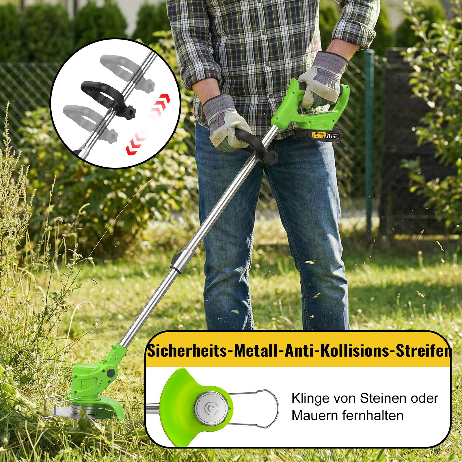 CONENTOOL Akku-Rasentrimmer 2x 2000mAh Akkus 21V, Rädern, 15 cm Arbeitsbreite Messer, (mit Akku und Ladegeät), 4 Arten Klingen, Teleskop-Stiel