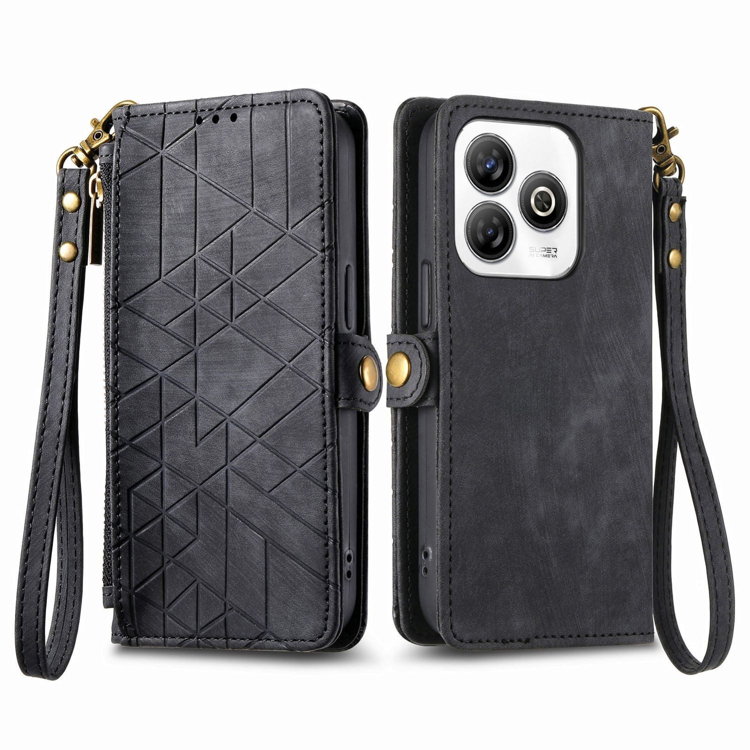 Wigento Handyhülle Für ZTE Blade A75 4G Design Kunstleder Zipper Wallet Tasche Schwarz, Kartenfächer, Reißverschlussfach, Standfunktion