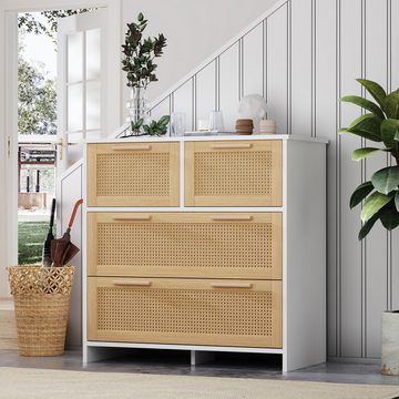 IDEASY Schubkastenkommode Aufbewahrungsschrank, Vitrine, 4 Schubladen, (80*80*38 cm), Schubladenfronten aus Rattan mit Griffen aus Massivholz